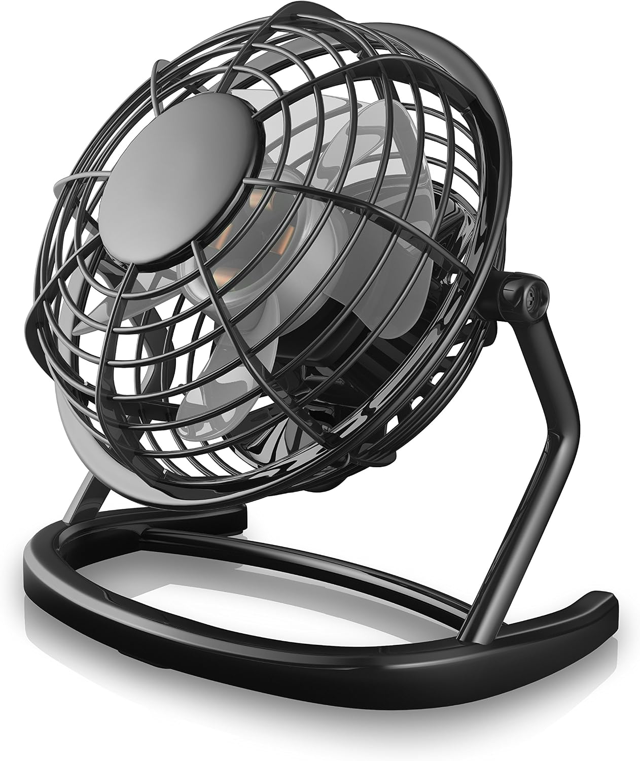 Ein kompakter, schwarzer Tischventilator mit schützendem Drahtgitter und transparenten Rotorblättern.