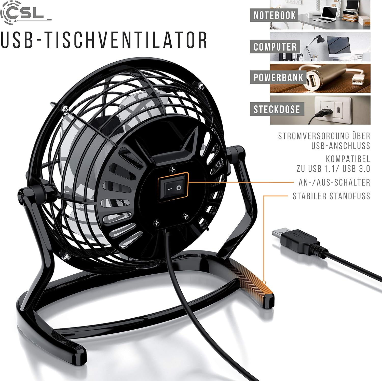 Ein schwarzer USB-Tischventilator mit Schalter und Kabel, dazu Grafiken über mögliche Stromquellen.