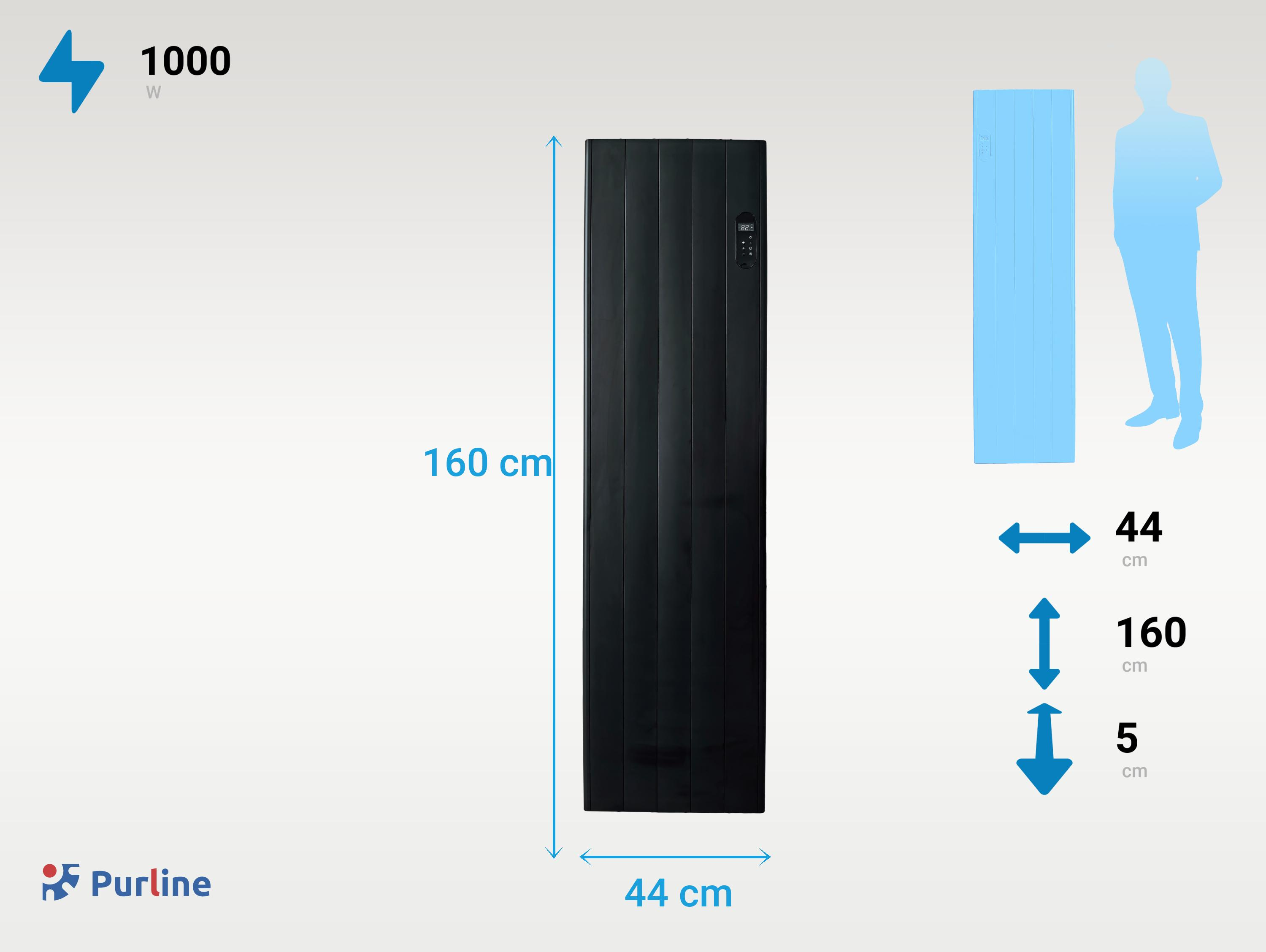 Panel calefactor negro de 1000W de 160x44x5 cm, con indicadores de tamaño y silueta humana.
