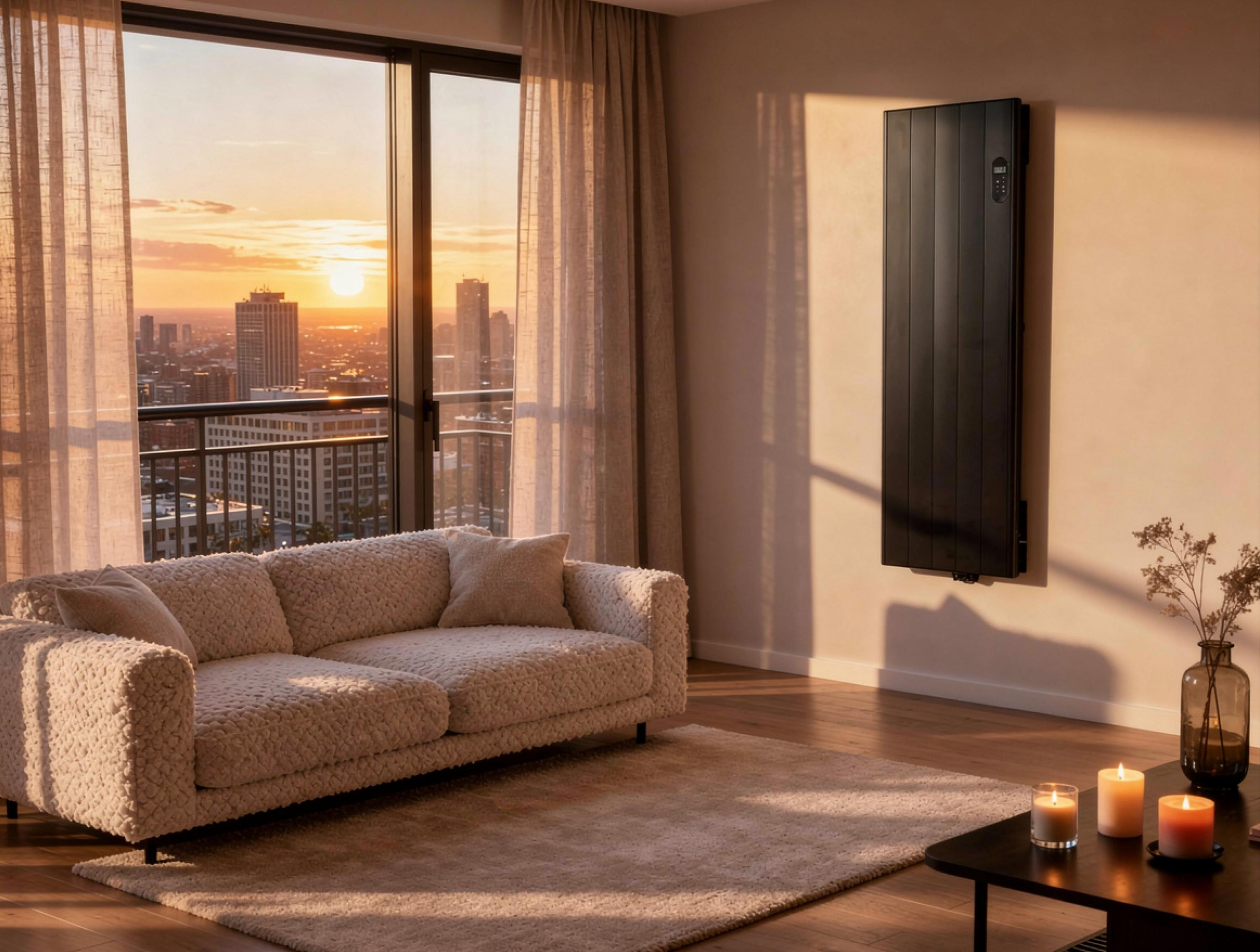 Sala de estar con calefactor de pared negro, sofá blanco, alfombra y vista a la ciudad al atardecer.