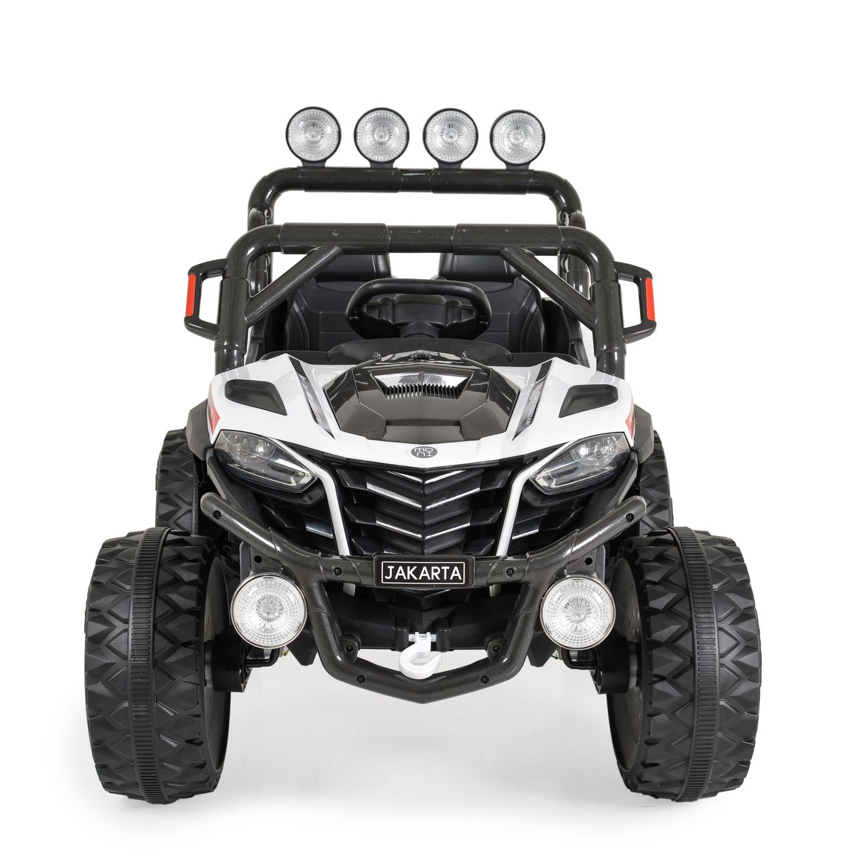 Ein weißes Kinder-Elektroauto im Offroad-Stil mit Überrollbügel und Scheinwerfern vor weißem Hintergrund.