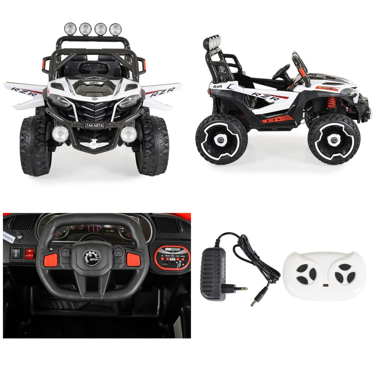 Weiß-schwarzes Kinder-Elektroauto von vorn und der Seite mit Lenkrad, Ladegerät und Fernbedienung.