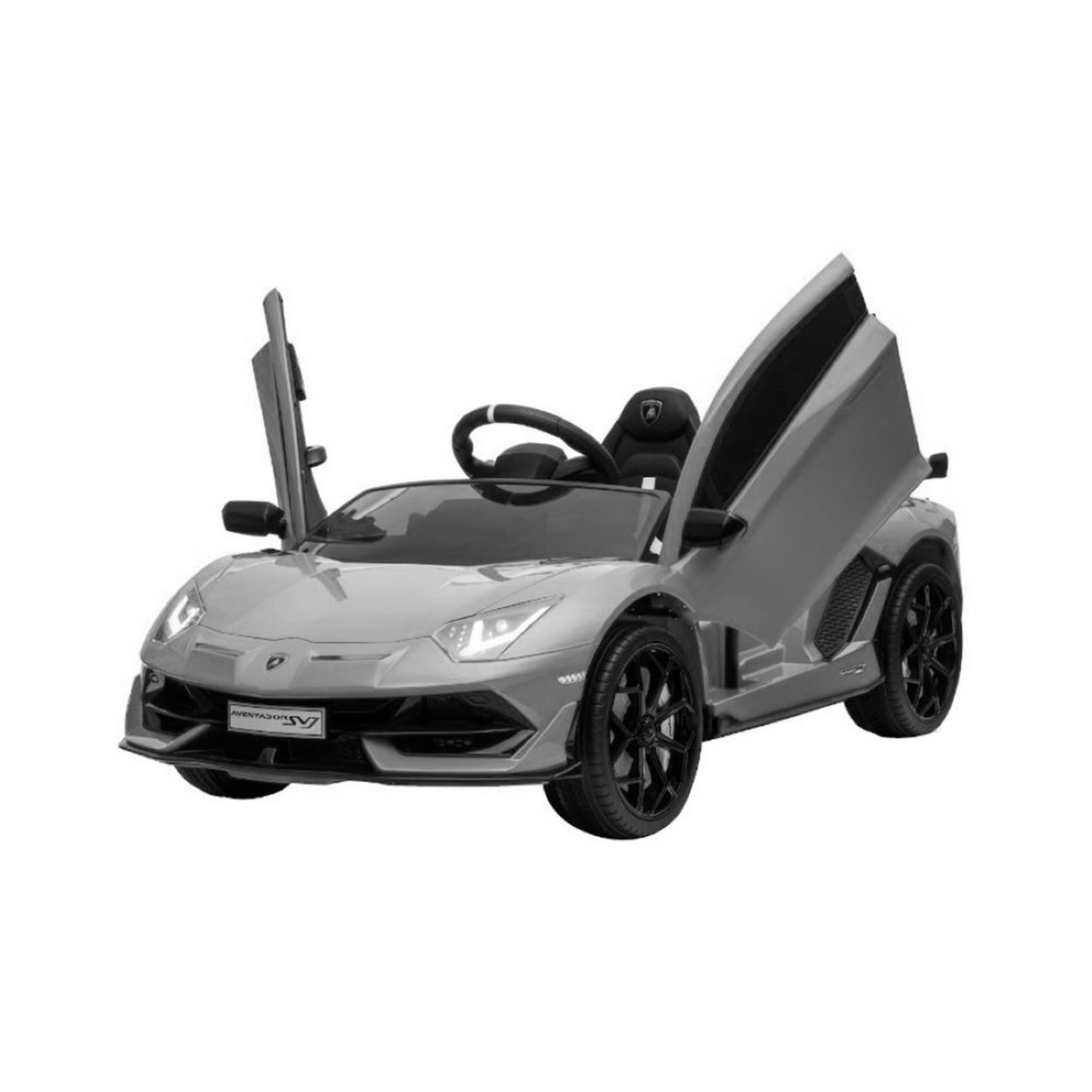 Graues Spielzeugauto mit geöffneten FlüTüren auf weißem Hintergrund.