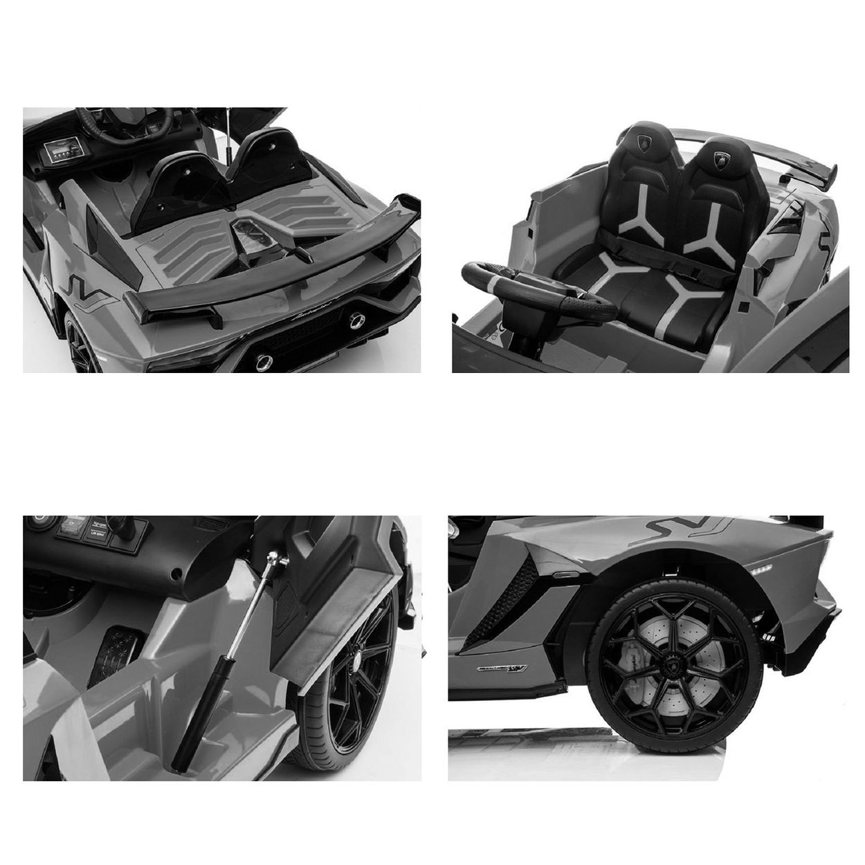 Vier Felder mit Details eines Spielzeugautos: Heckspoiler, Doppelsitze, Türscharnier und Rad mit schwarzer Felge.