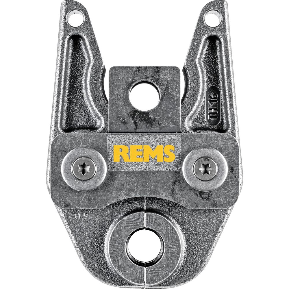 Metall-Presszange mit gelbem REMS-Logo, zwei Schrauben und runden Öffnungen auf weißem Hintergrund.