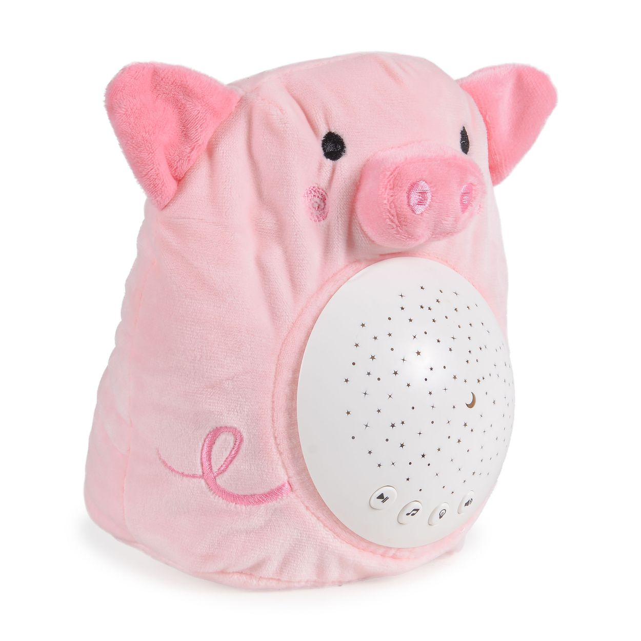 Ein rosafarbenes Plüschschwein mit einer weißen Sternenprojektorkuppel auf dem Bauch und Bedienknöpfen.