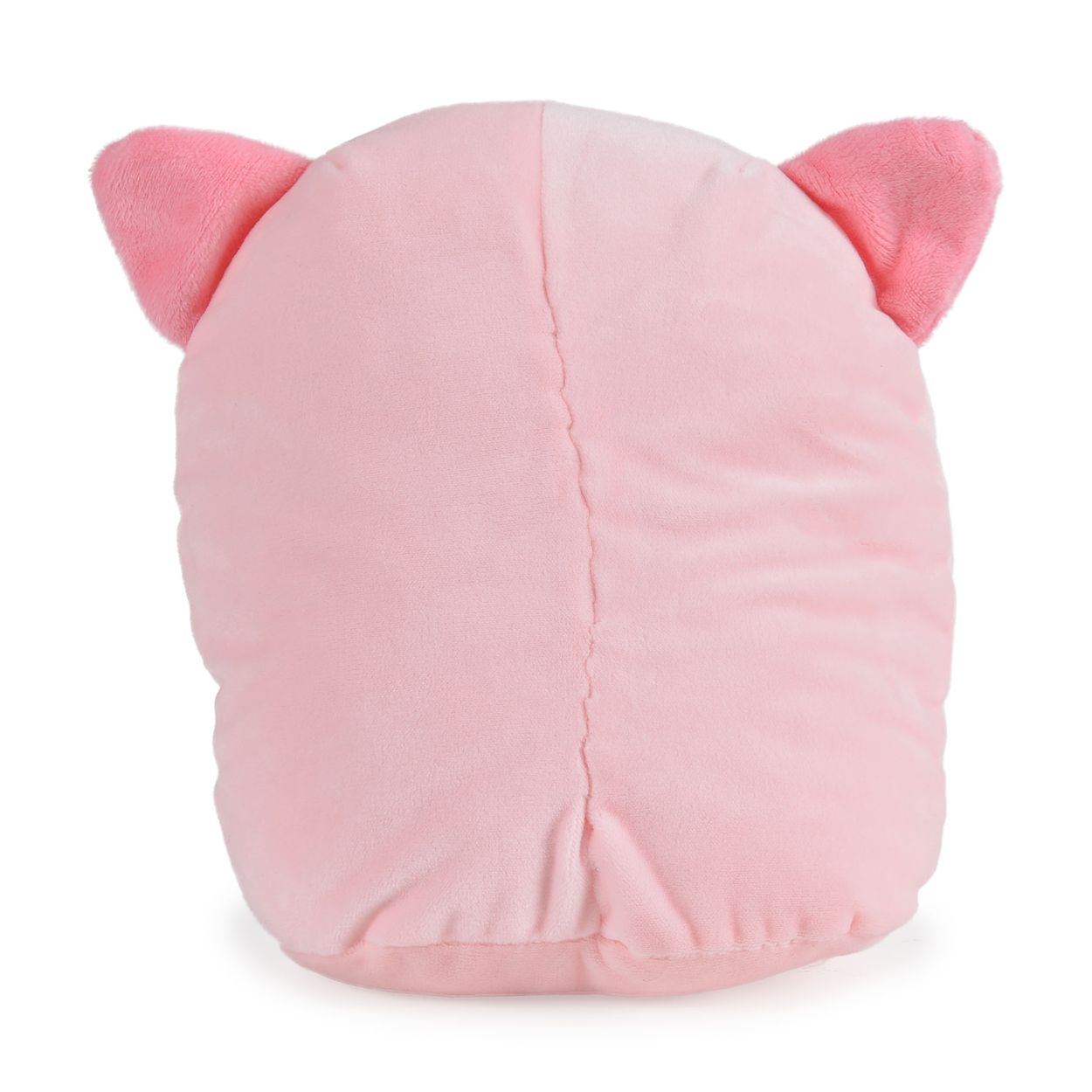 Rückseite eines weichen, rosa Plüschkissens mit zwei kleinen Ohren oben, isoliert vor weißem Hintergrund.