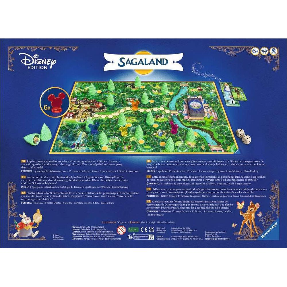 Rückseite der Disney Sagaland Brettspielbox mit grünem Wald, Figuren und Spielkomponenten.
