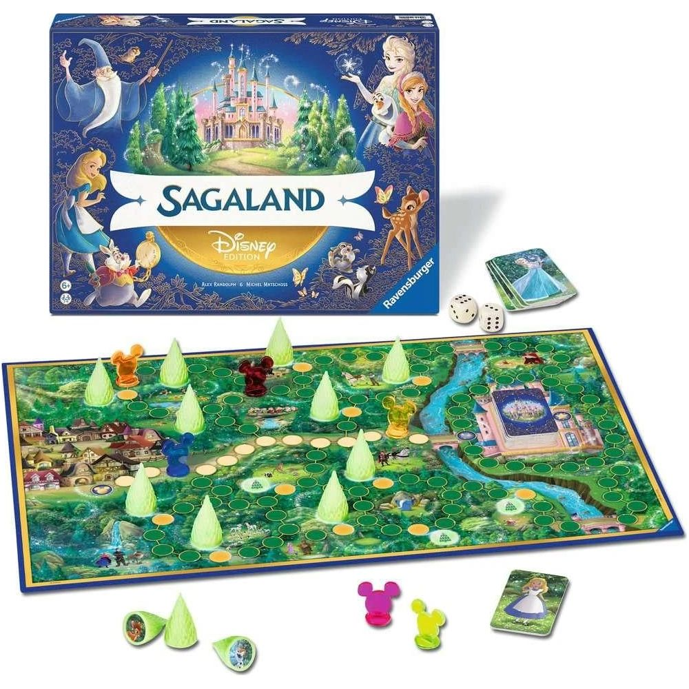 Sagaland Disney Edition Brettspiel mit blauem Karton, grünem Spielplan, Bäumen, Karten und bunten Spielfiguren.