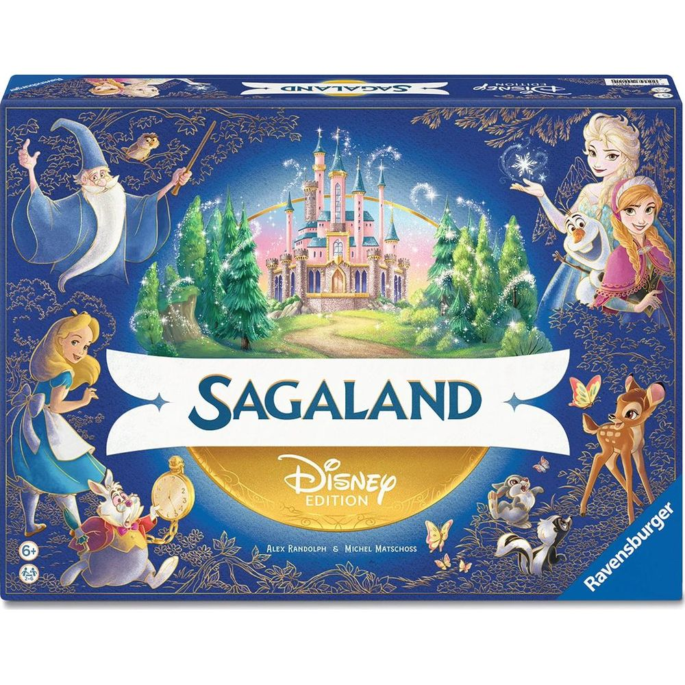 Die Brettspielverpackung von Sagaland Disney Edition zeigt ein magisches Schloss umringt von bekannten Disney-Figuren.