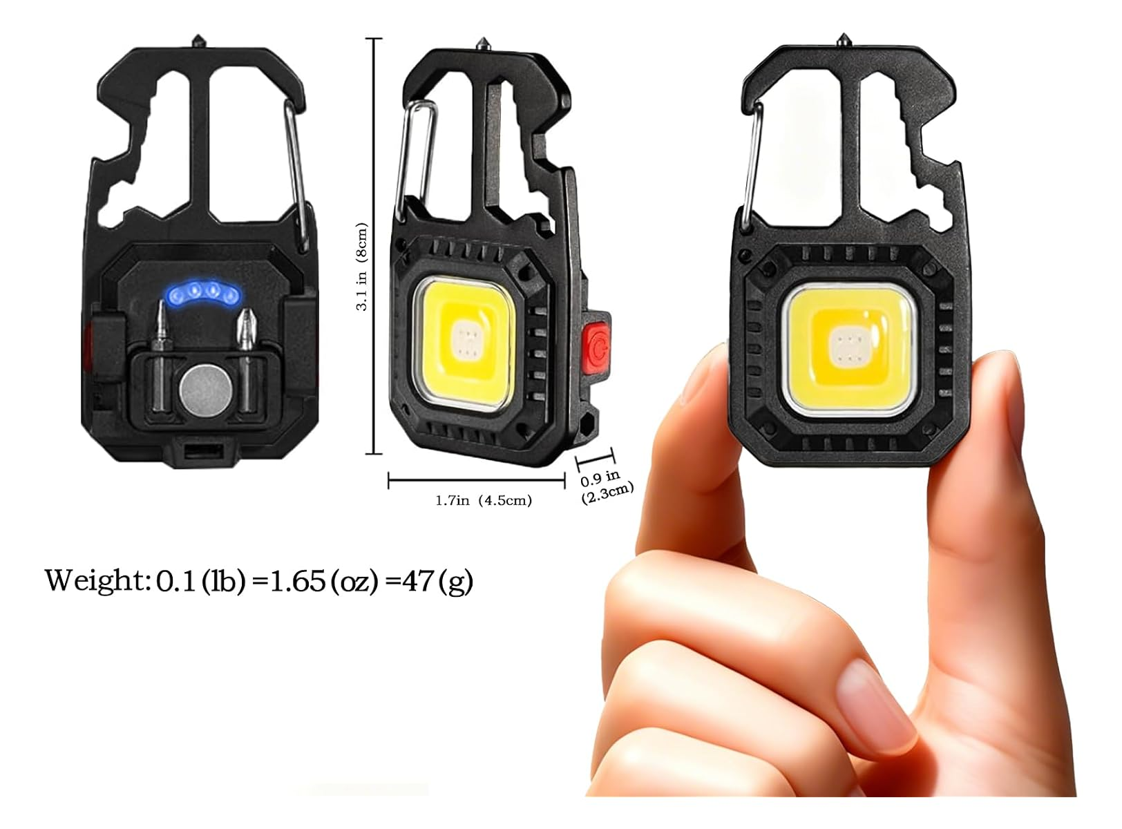 Klein, schwarz, tragbare LED-Taschenlampe mit Karabiner und Werkzeugen, handgehalten für Größenvergleich.