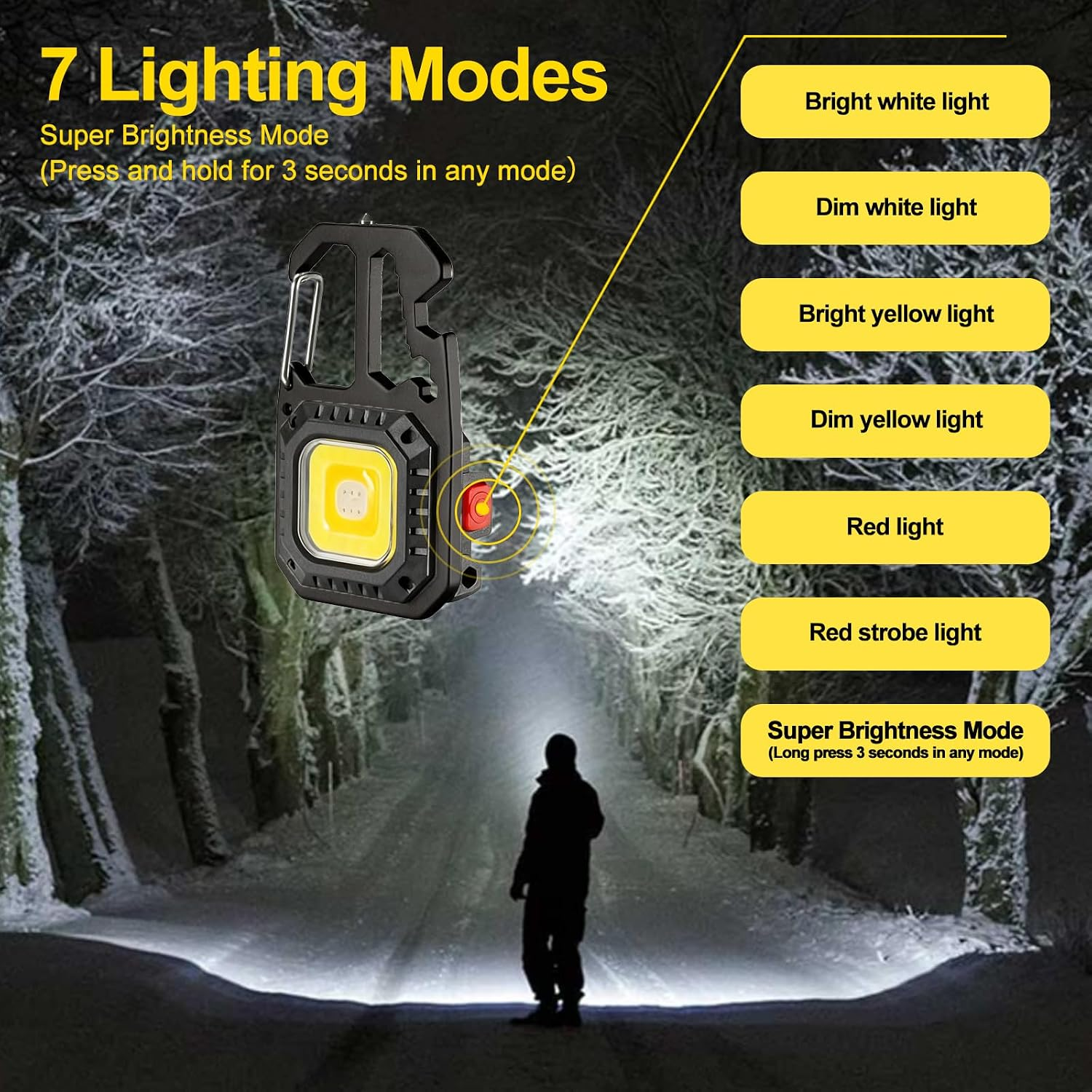 LED-Taschenlampe mit sieben Leuchtmodi vor einem winterlichen Waldweg mit einer Person.