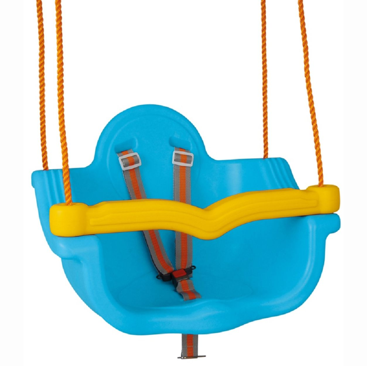 Blaue Kleinkindschaukel mit gelbem Schutzbügel und orange-grauen Gurten, aufgehängt an Seilen.