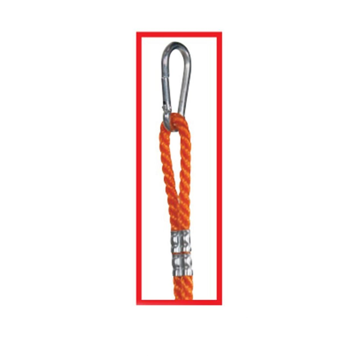 Ein orangefarbenes Seil mit einer Schlaufe und einem Metallkarabiner oben, in einem roten Rahmen.