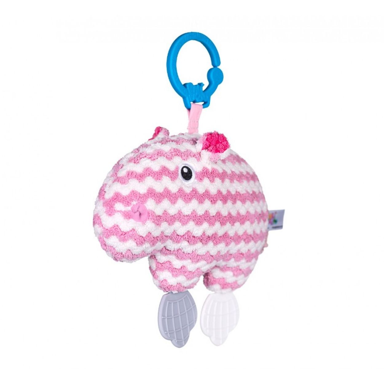 Rosa-weißer Plüsch-Nilpferd-Babyspielzeug mit blauem Ring zum Aufhängen und Beißringen.