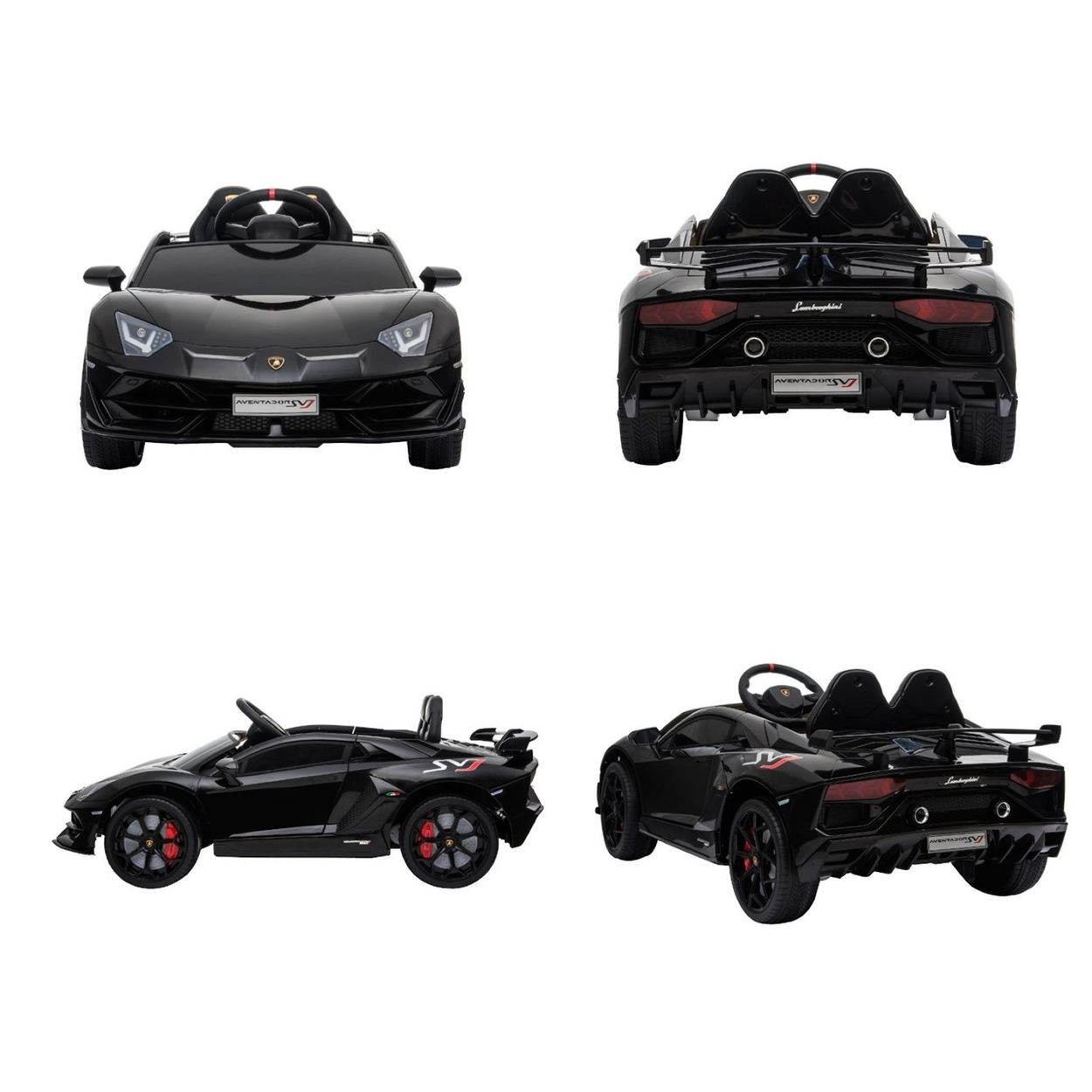 Vier Ansichten eines schwarzen Lamborghini-Spielzeugautos von vorne, hinten und der Seite.