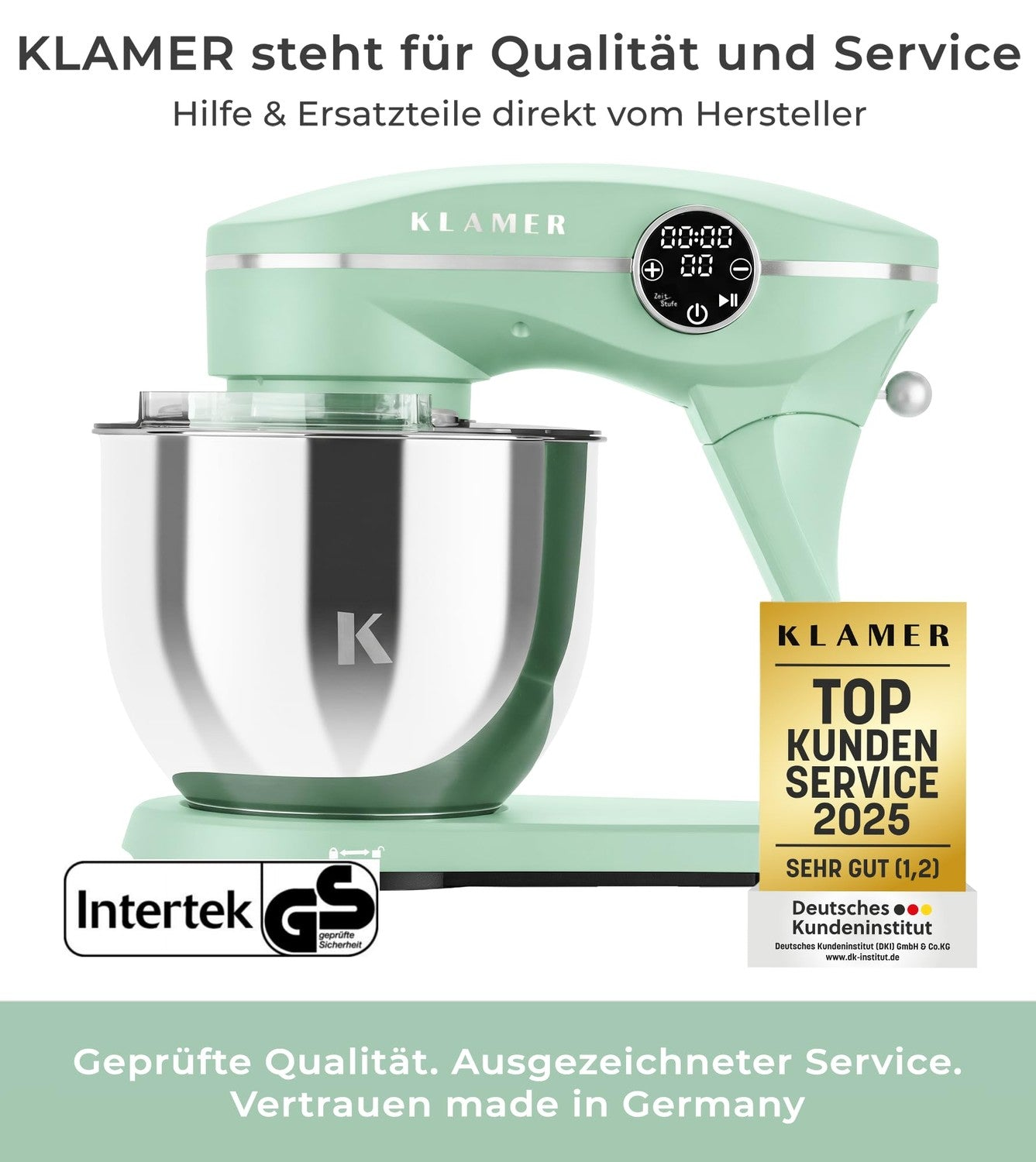 Mintgrüne Klamer Küchenmaschine mit Edelstahl-Rührschüssel, digitalem Display und Auszeichnungen für besten Service.