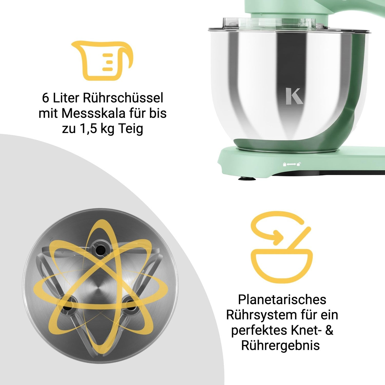Grüne Küchenmaschine mit 6-Liter-Edelstahlschüssel und planetarischem Rührsystem.