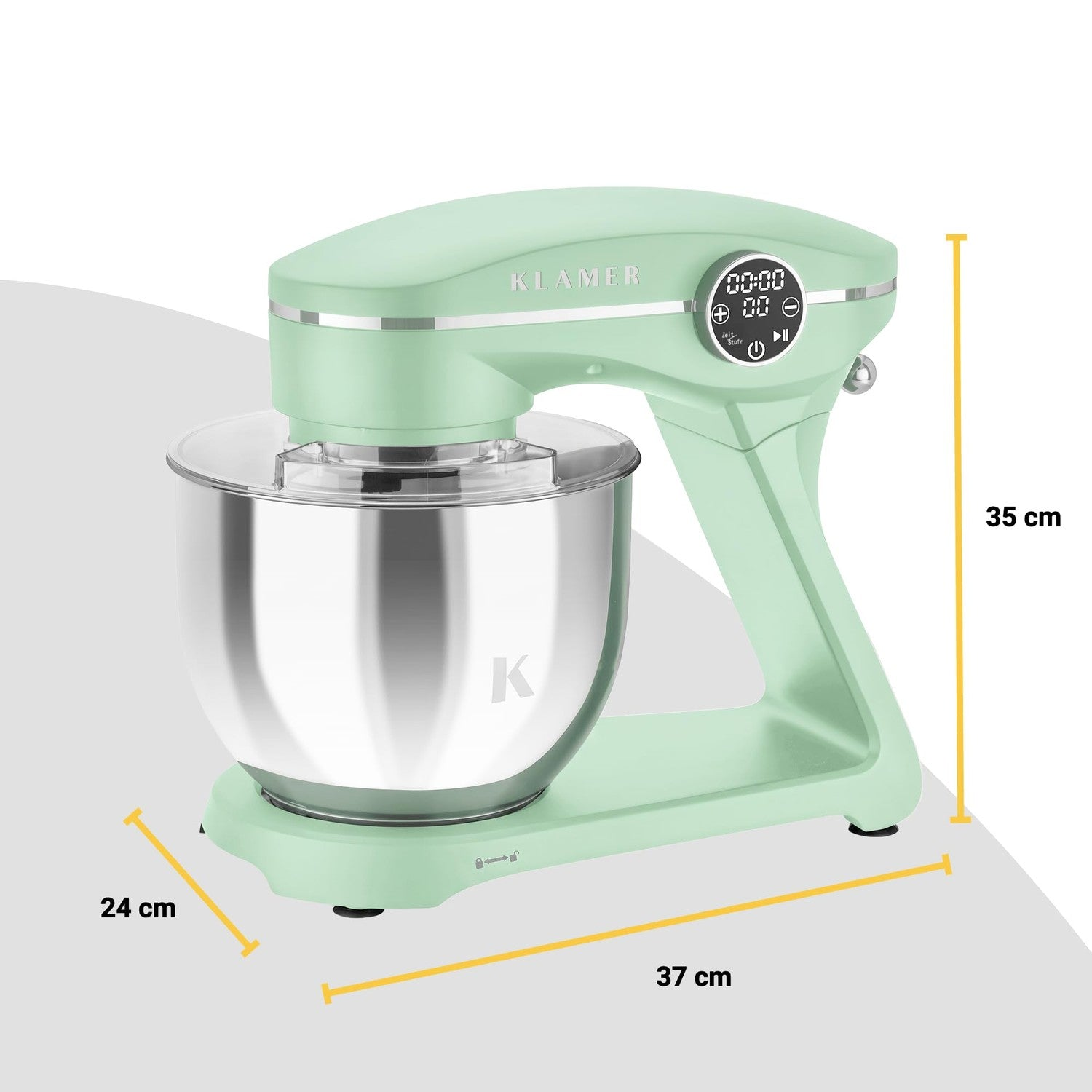 Mintgrüne Küchenmaschine mit Edelstahl-Rührschüssel und digitalen Bedienelementen, Maße: 37x24x35 cm.
