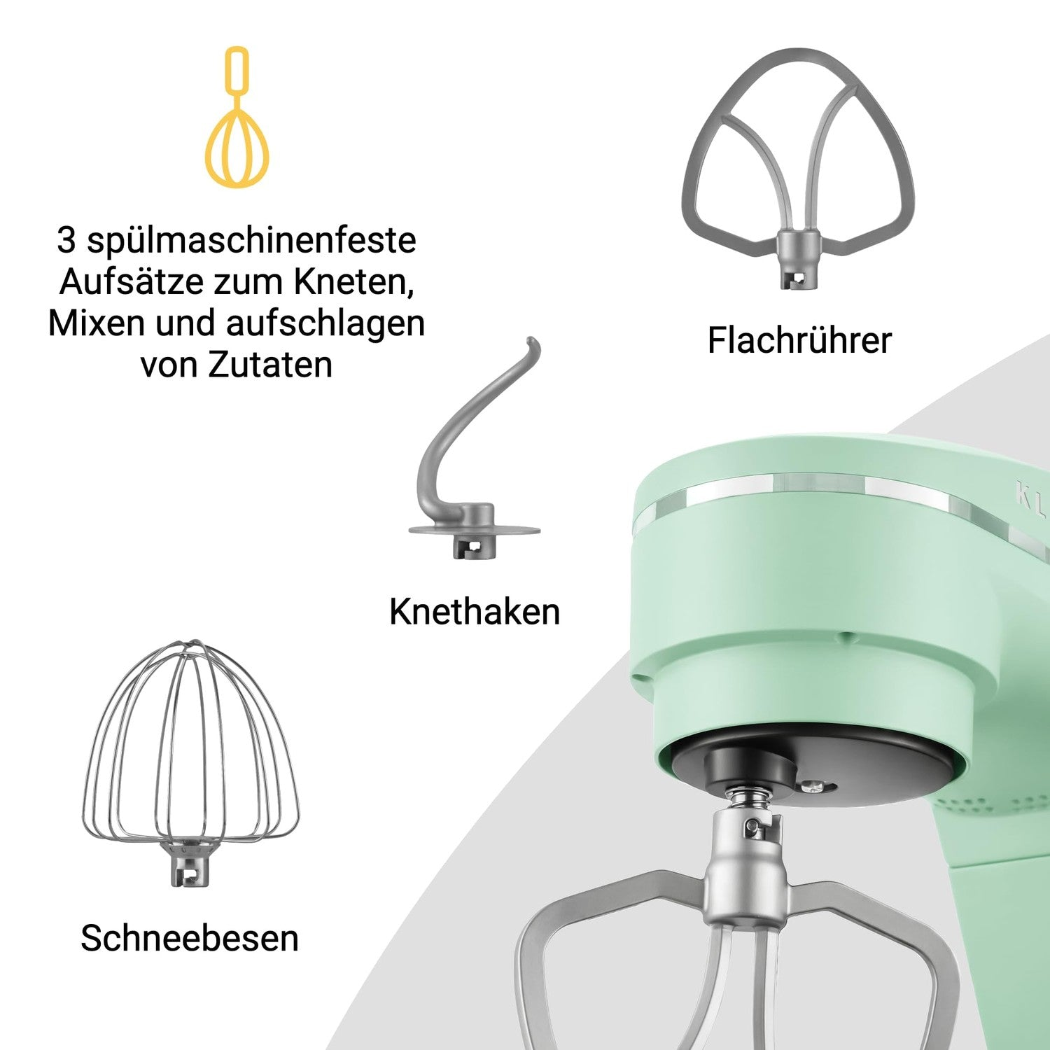Grüne Küchenmaschine mit drei spülmaschinenfesten Aufsätzen: Schneebesen, Knethaken und Flachrührer.