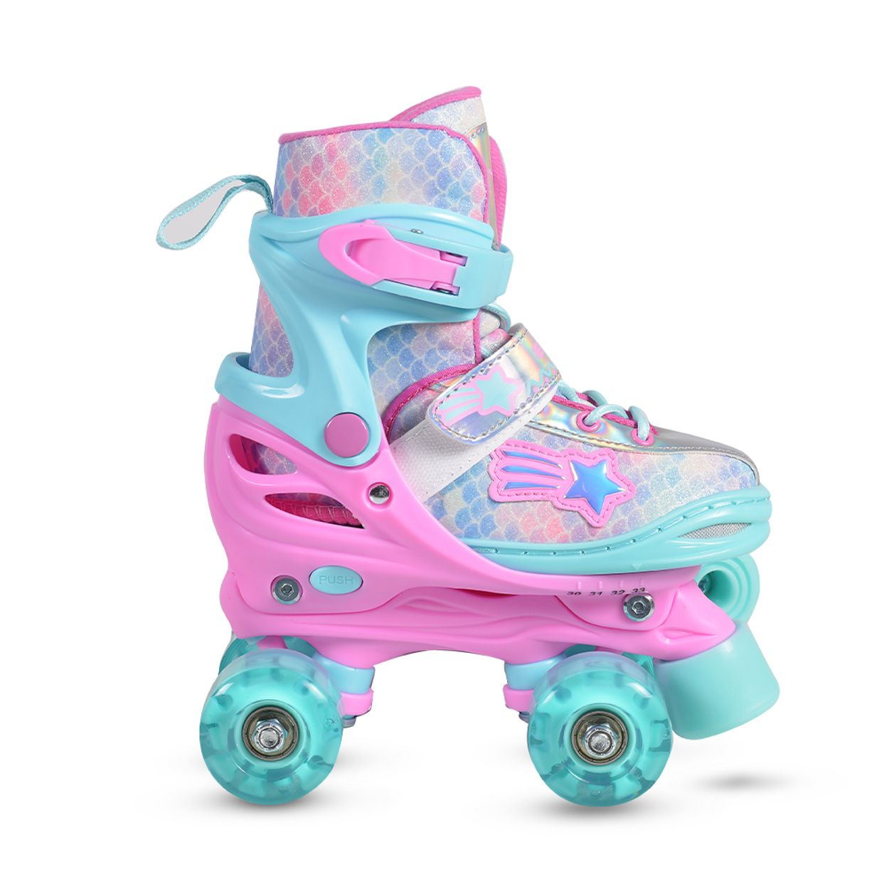 Kindersolldschuh in Pink und Blau mit funkelndem Schuppenmuster, blauen Rollen und Sterndetails.