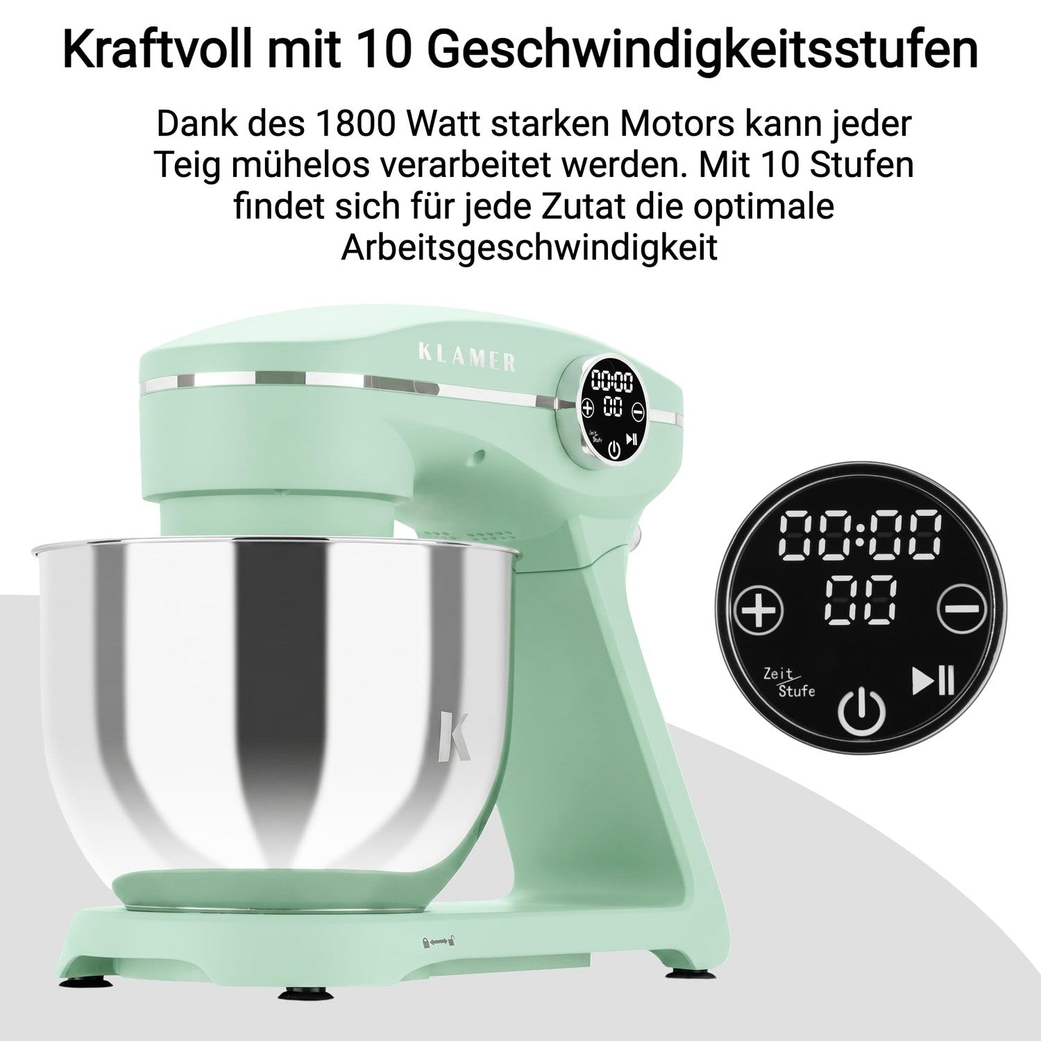 Grüne Küchenmaschine mit Edelstahl-Rührschüssel und digitalem Display für 10 Geschwindigkeiten.