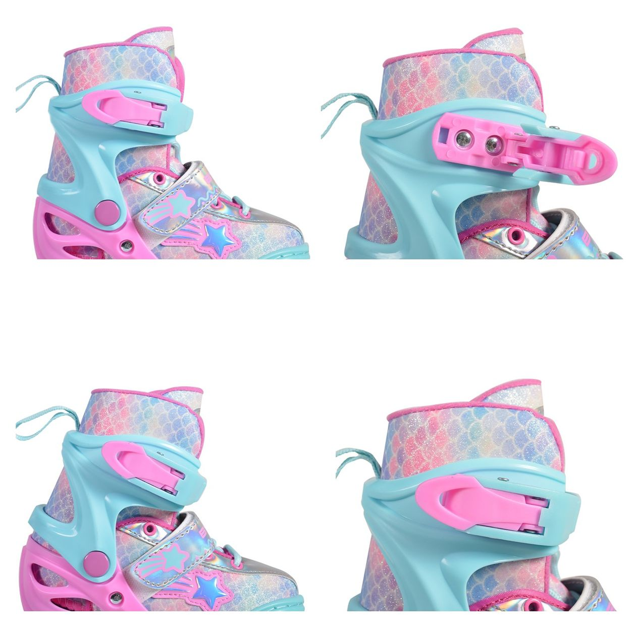 Vier Ansichten eines farbenfrohen Kinder-Rollschuhs mit Pastell-Schuppenmuster, blauen Halterungen und pinker Schnalle.