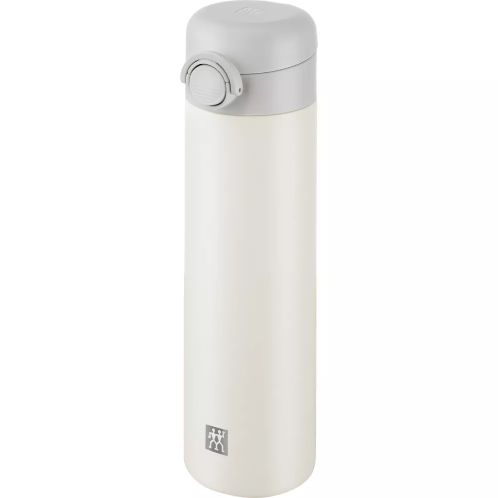 Eine weiße Thermosflasche mit grauem Deckel und einem Logo unten auf weißem Grund.