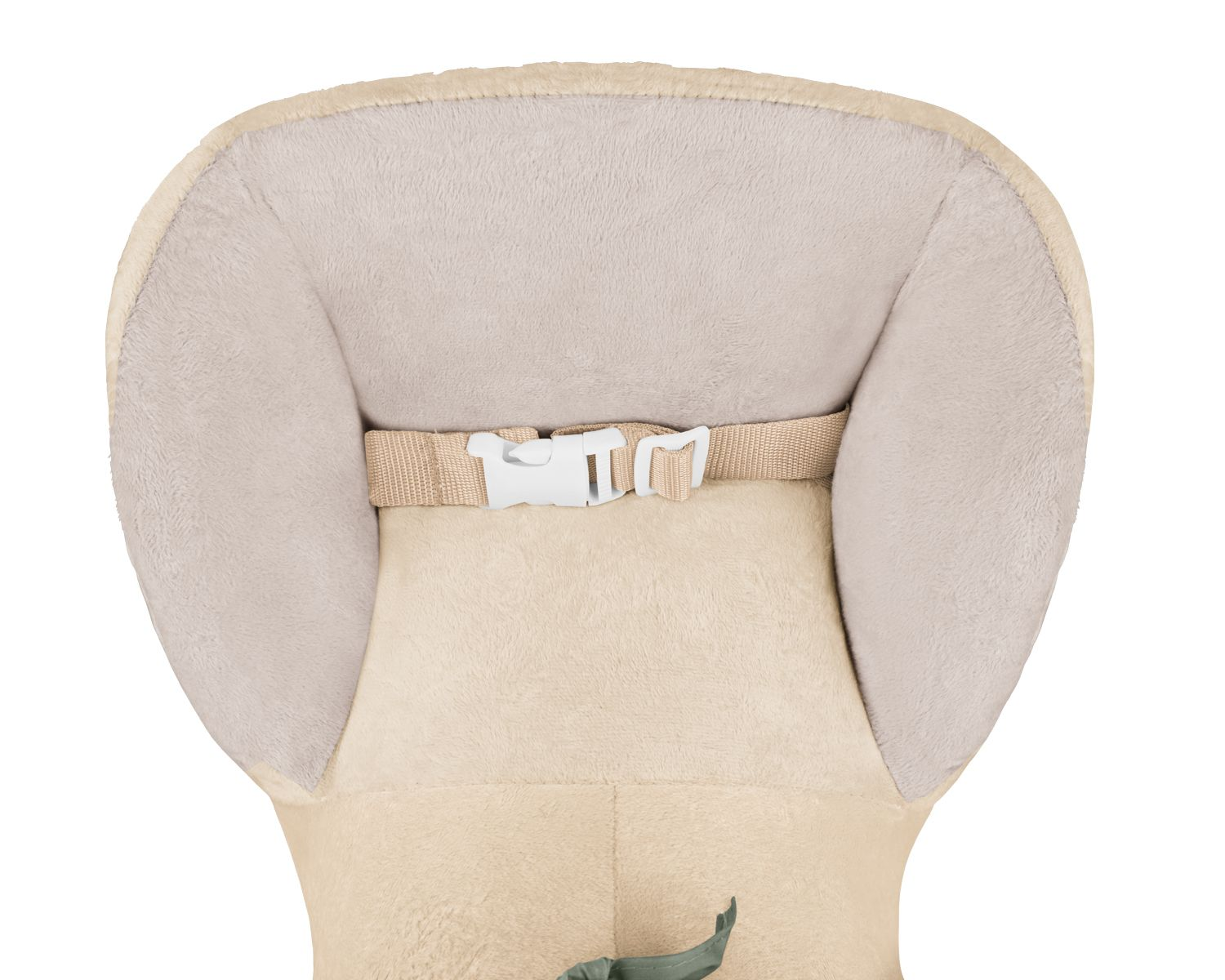 Gepolsterte Babywippe in Beige und Grau mit weißer Schnalle auf weißem Hintergrund.