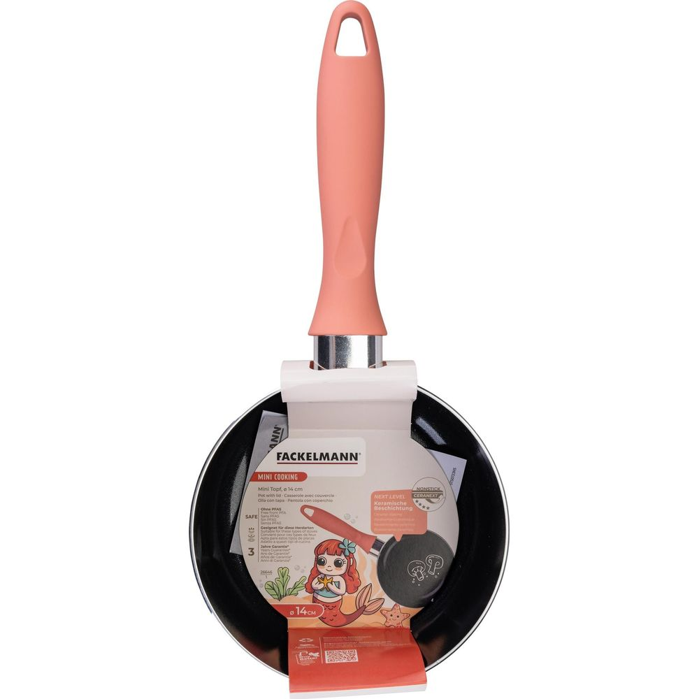 Eine kleine schwarze Fackelmann Pfanne mit einem langen rosa Griff und Produktetikett auf weißem Hintergrund.