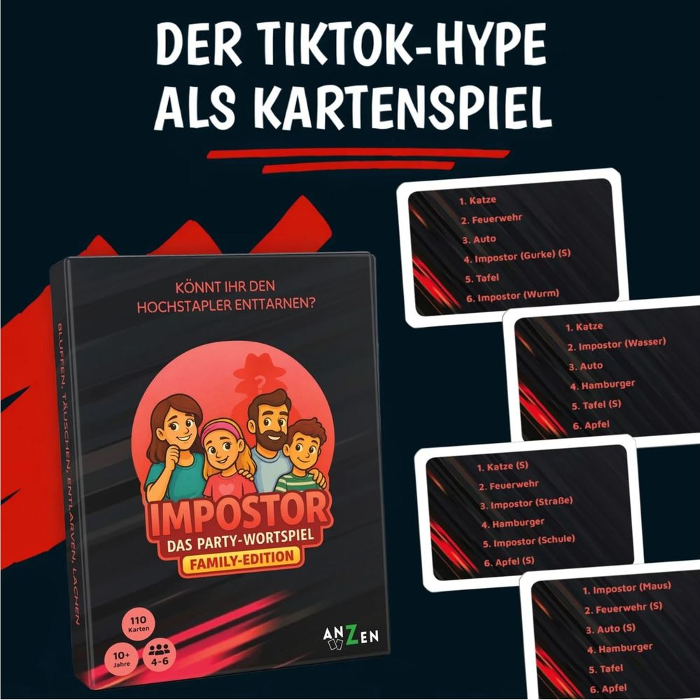 Werbung für das Kartenspiel Impostor Family-Edition mit Karton und Beispielen für Spielkarten auf schwarzem Hintergrund.