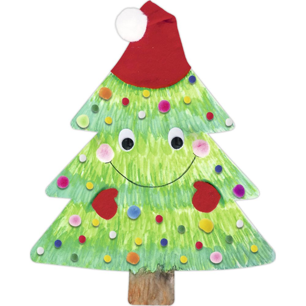 Ein grün angemalter Weihnachtsbaum mit Gesicht, roter Mütze und bunten Punkten.
