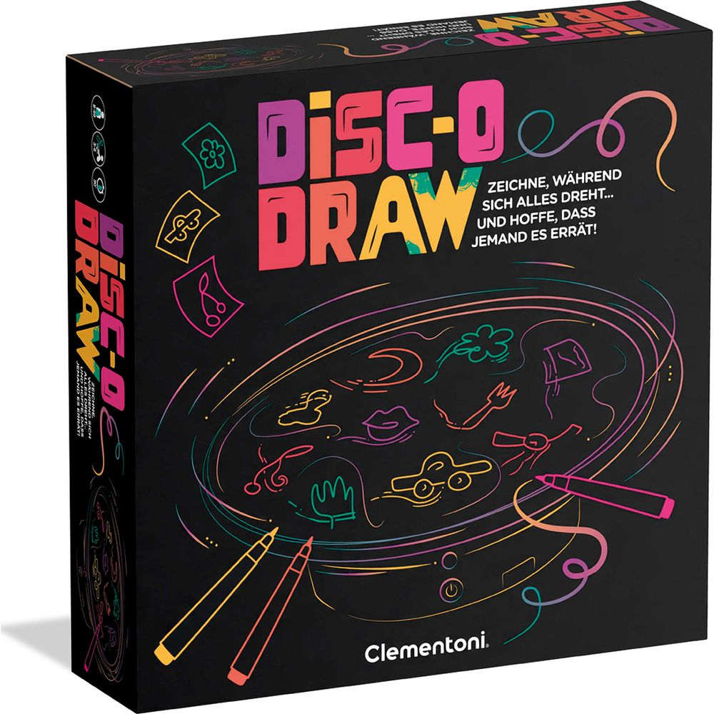 Die Box des Brettspiels Disc-O-Draw von Clementoni mit bunten Neon-Grafiken auf schwarzem Hintergrund.