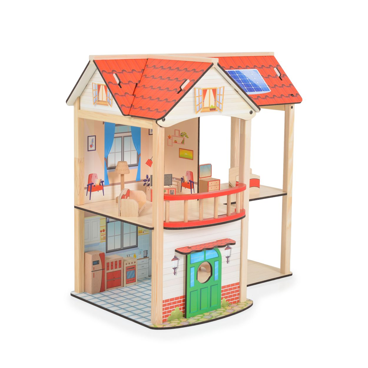 Ein zweistöckiges Holzpuppensthaus mit rotem Dach, offenem Wohnbereich, Küche und Balkon.