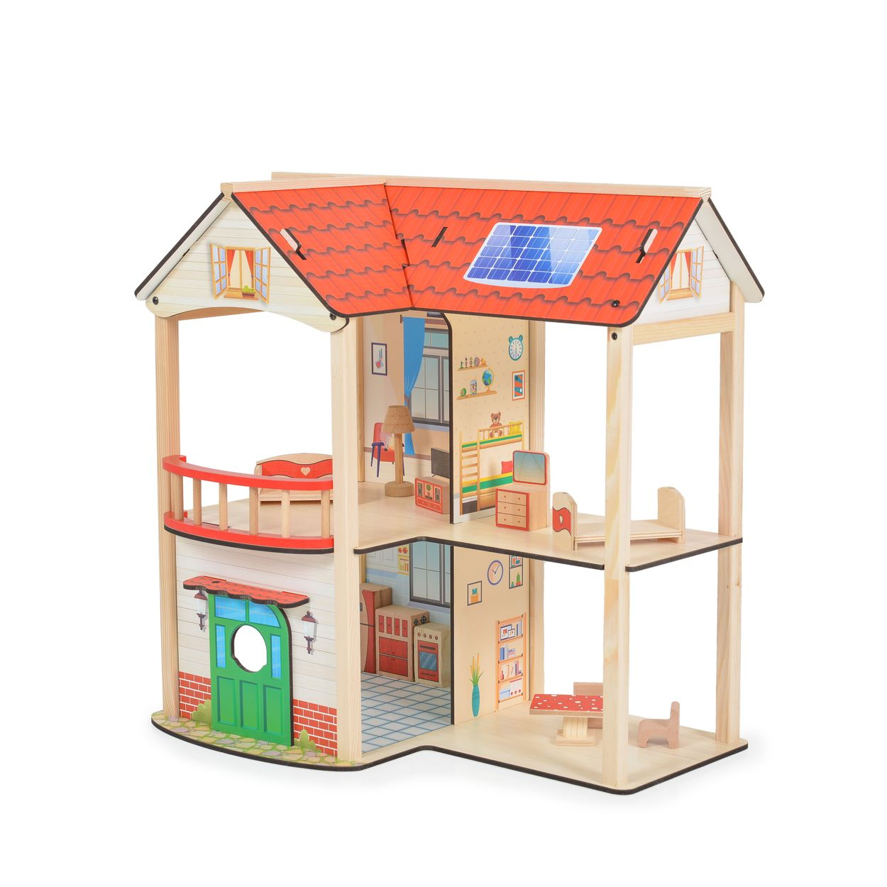 Ein zweistöckiges Holzpuppenhaus mit rotem Dach, Solarpaneel und farbigen Zimmern.