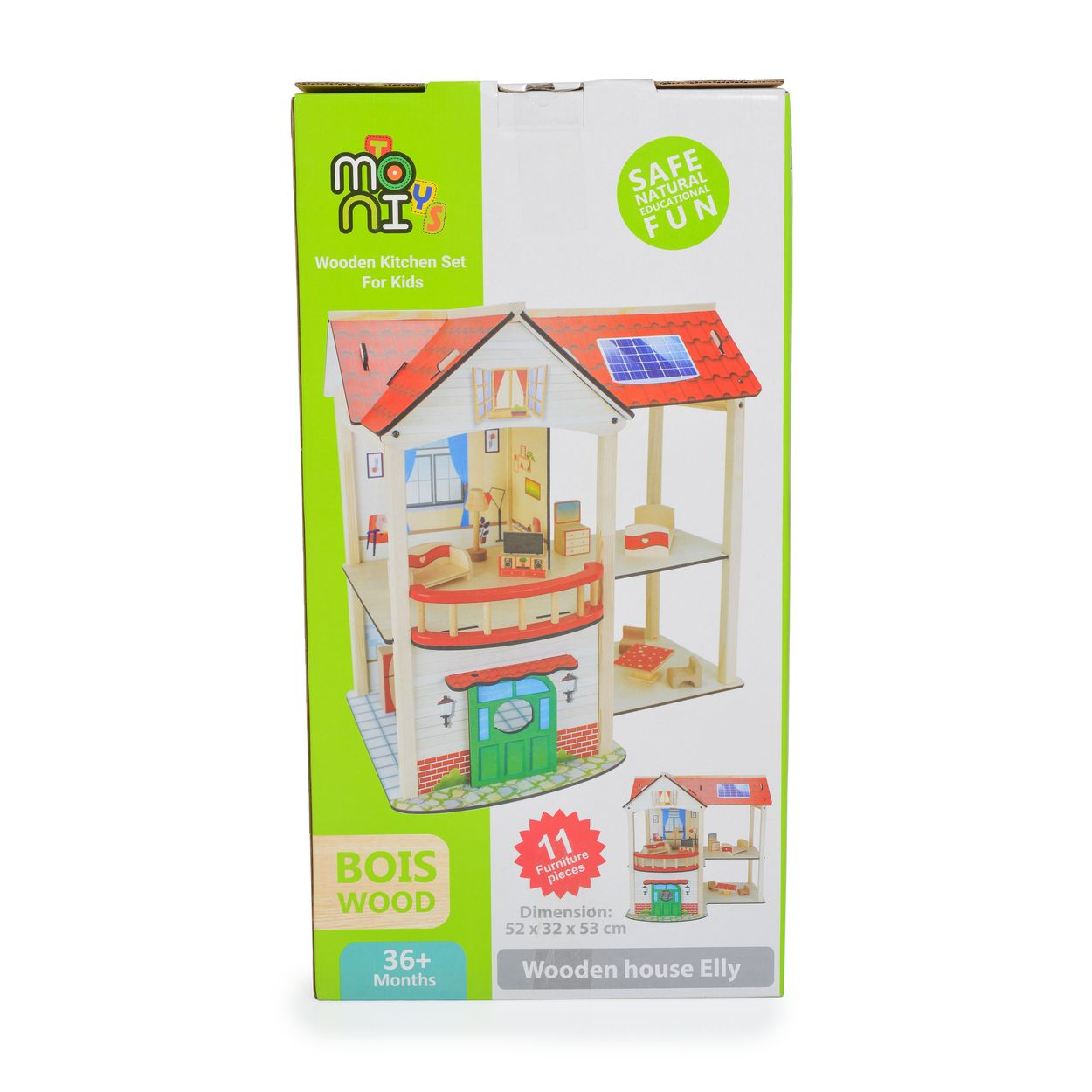 Verpackung für ein Puppenhaus aus Holz mit Möbeln, Produktbild, Marke Moni und Altersempfehlung ab 36 Monaten.