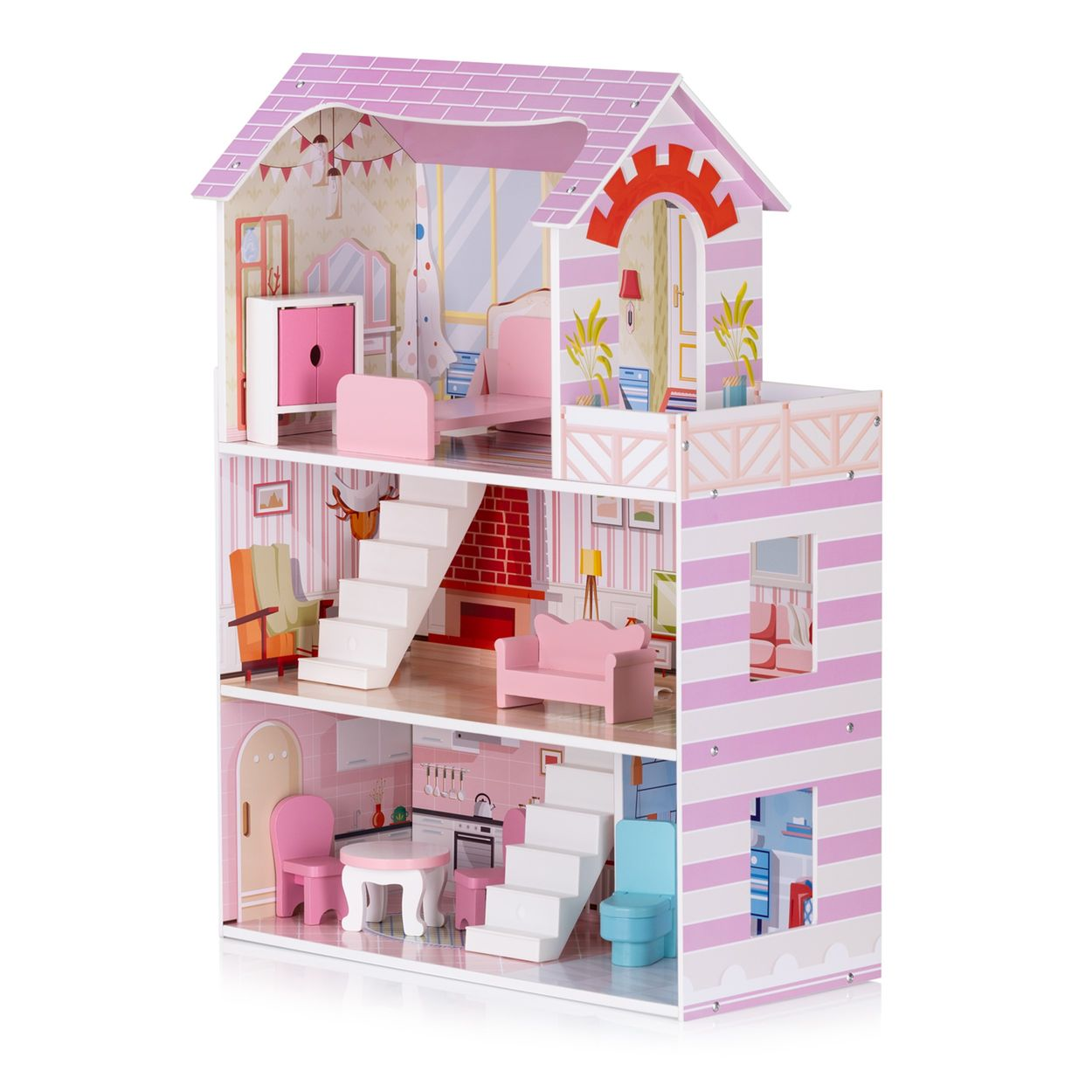 Ein dreistöckiges Puppenhaus aus Holz mit rosa-weißen Streifen, Möbeln und Treppen.