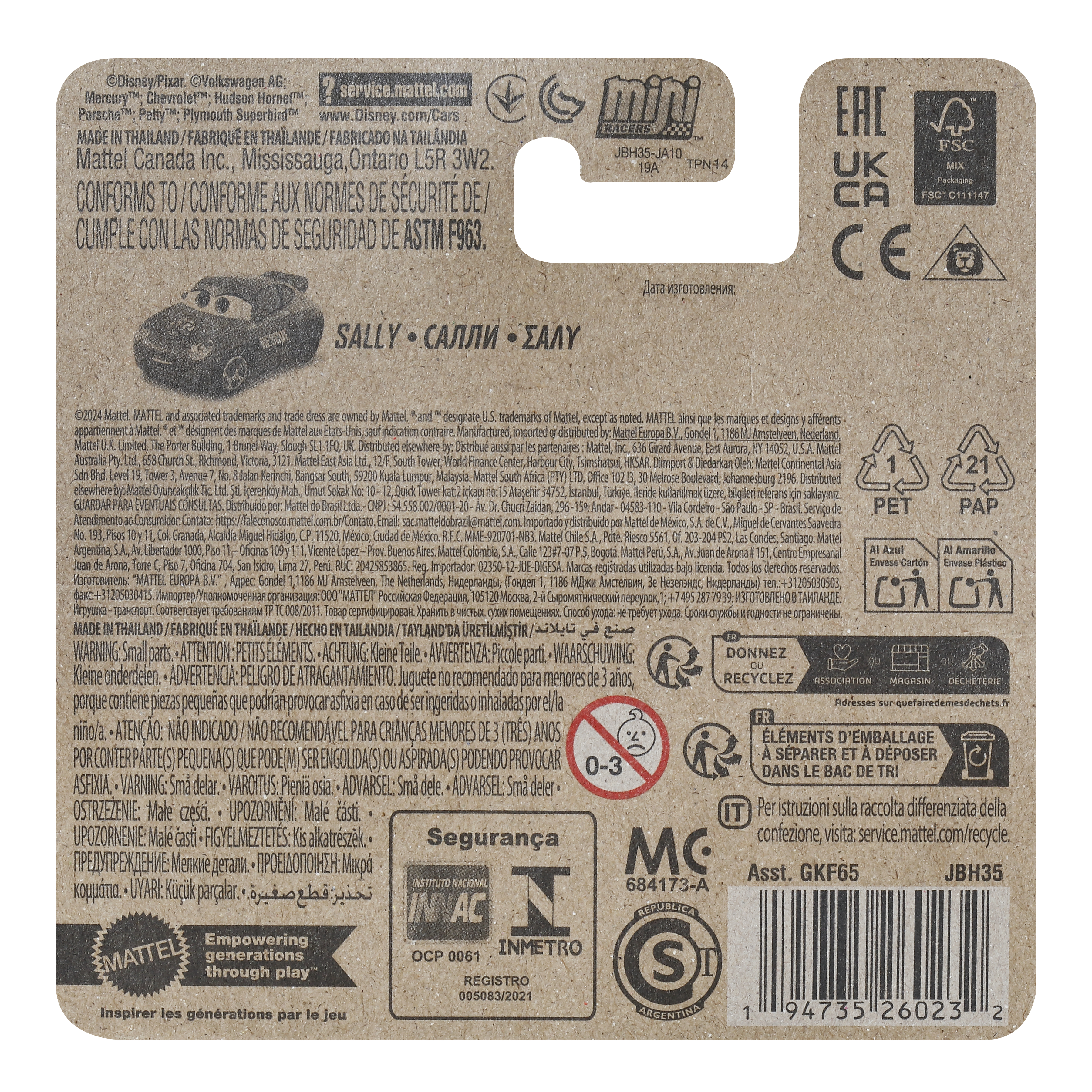 Rückseite einer Spielzeugverpackung mit Text, Sally-Grafik, Recyclinglogos und Barcode auf Pappe.