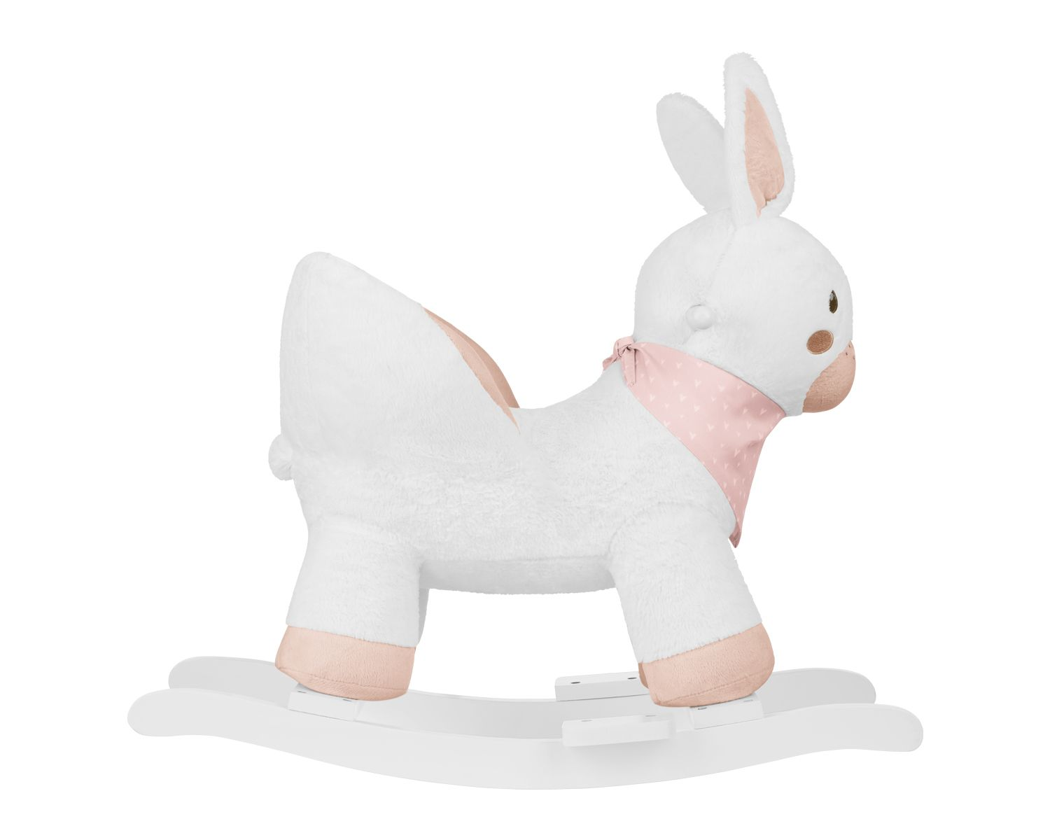 Weißes Plüschschaukeltier als Hase mit rosa Halstuch auf Holzschienen.