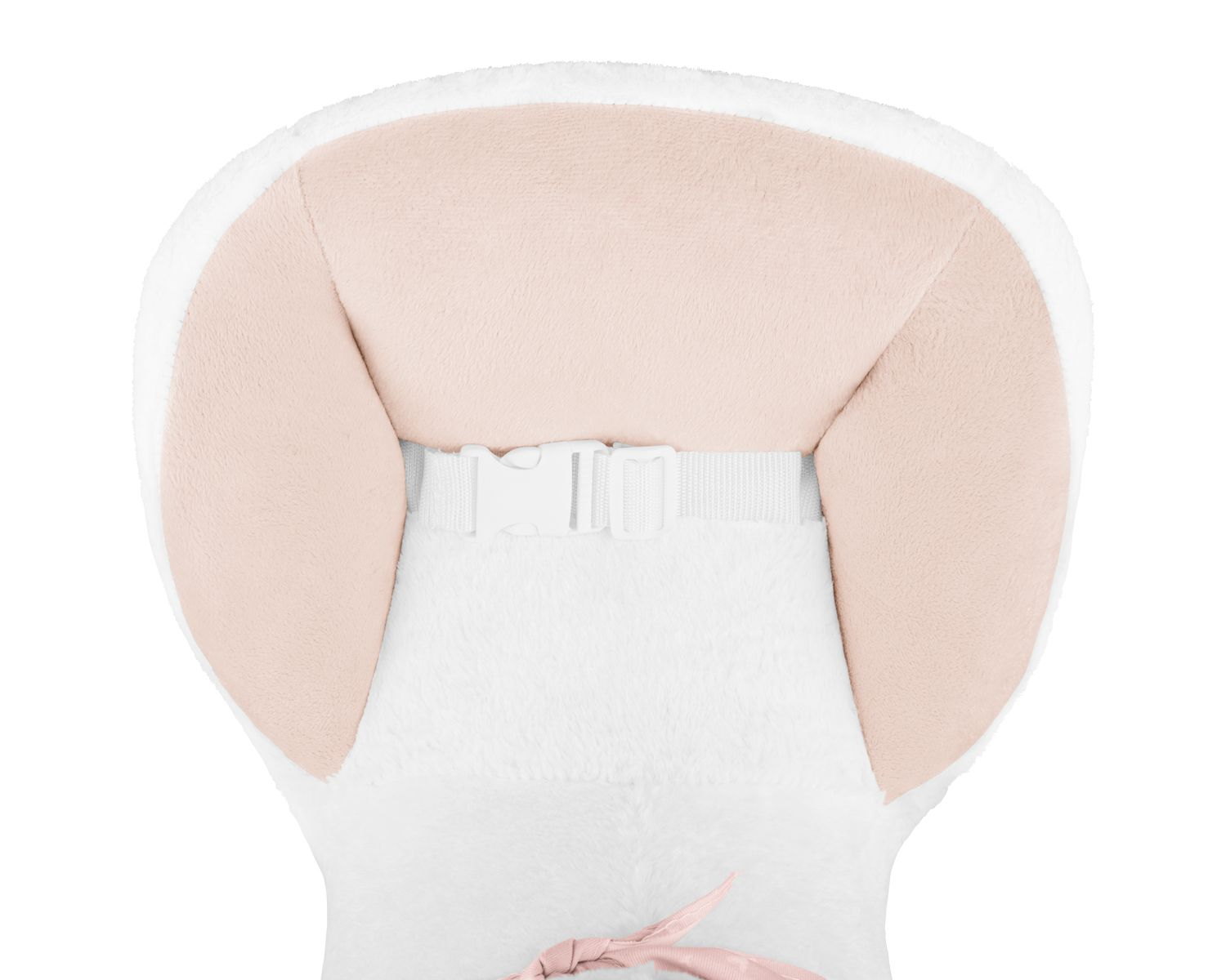 Rosa-weißer Plüsch-Kopfhörer für Babys mit weißer Schnalle und Band.