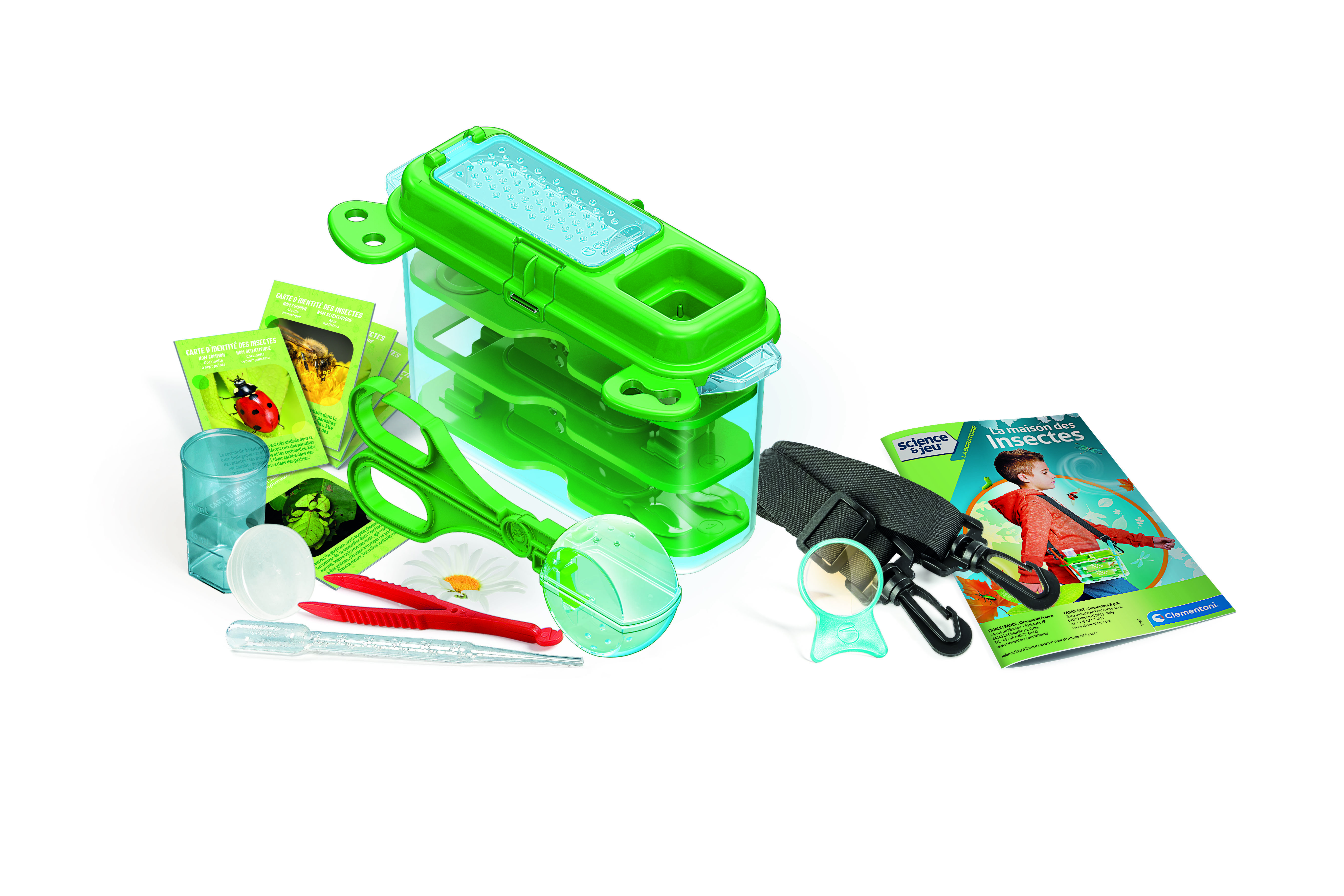 Un kit de exploración de insectos verde con recipiente transparente, pinzas, lupa, tarjetas y manual.