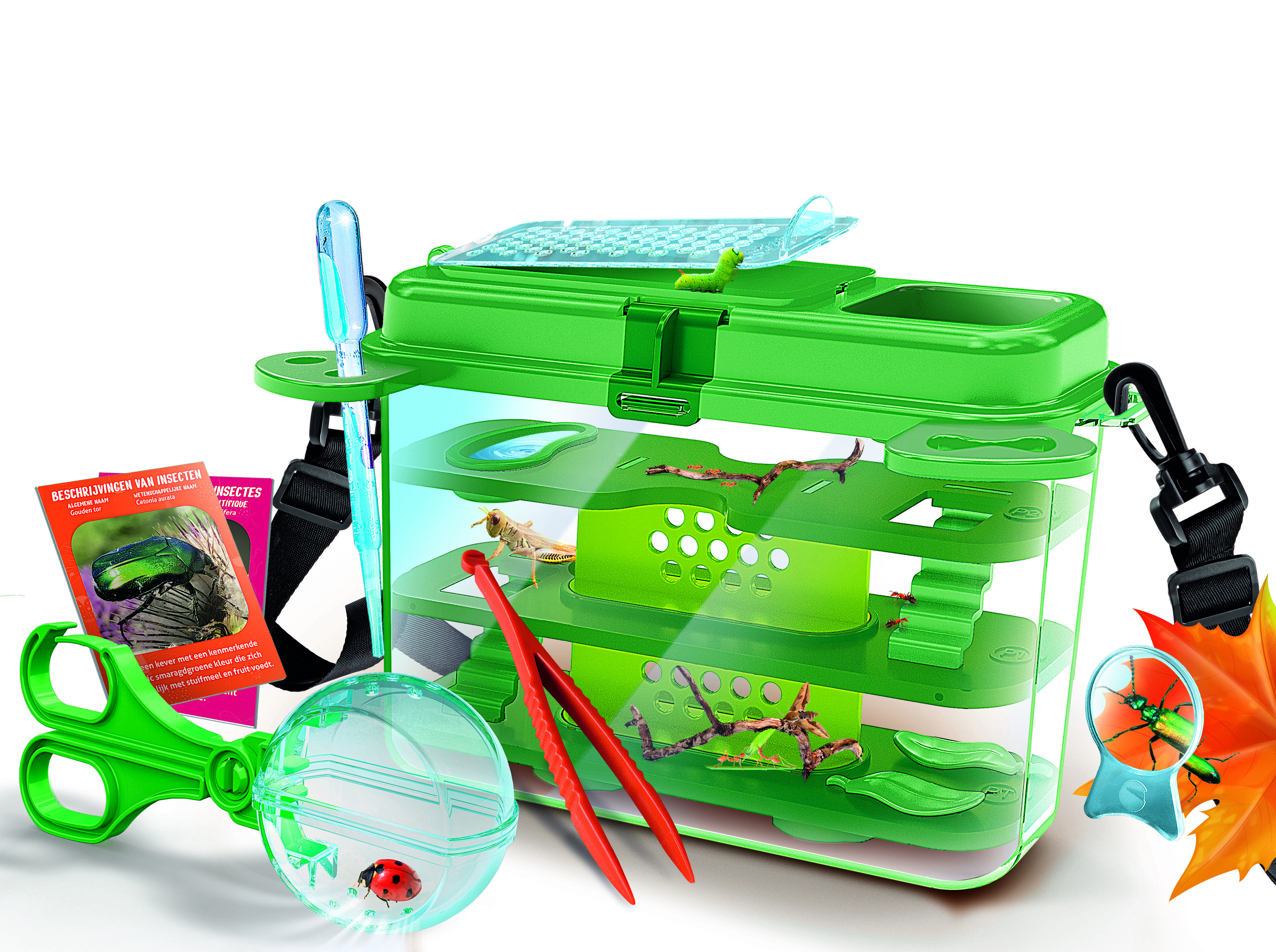 Caja verde de hábitat de insectos con lupa, pinzas, pipeta y dos tarjetas informativas sobre fondo blanco.