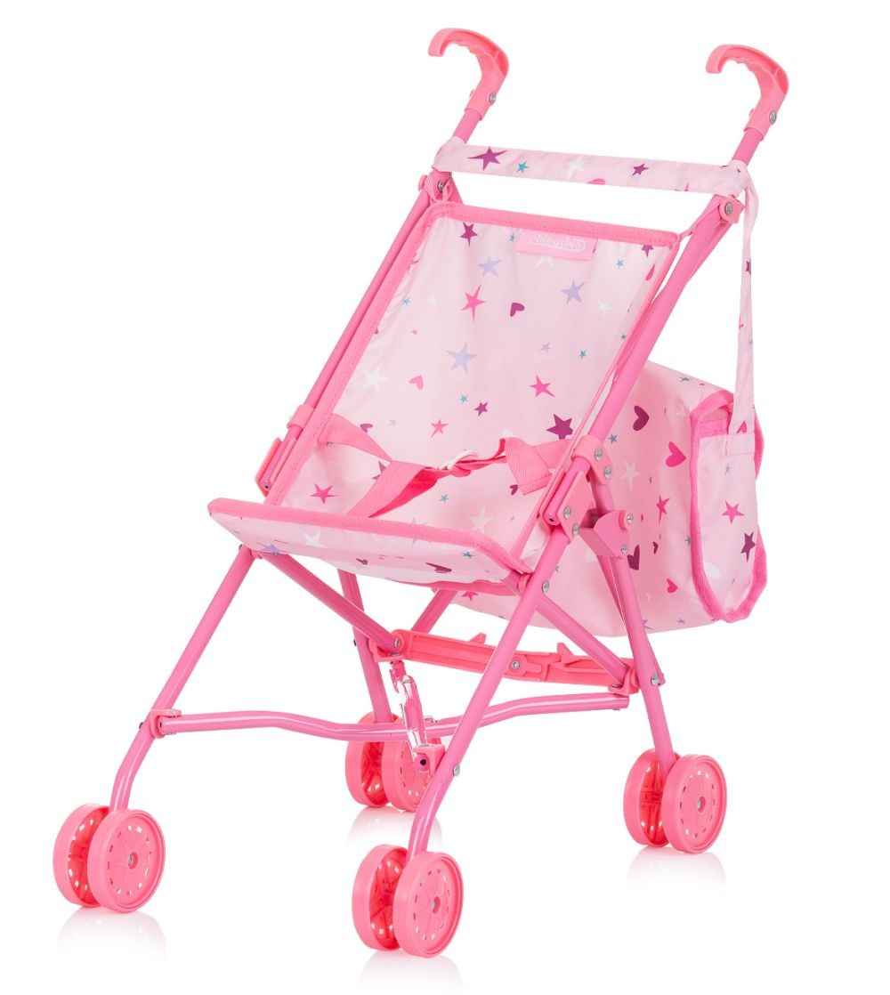 Ein rosa Puppen-Spielzeugwagen mit Sternmustern, Doppelrädern und passender Tasche vor weißem Hintergrund.