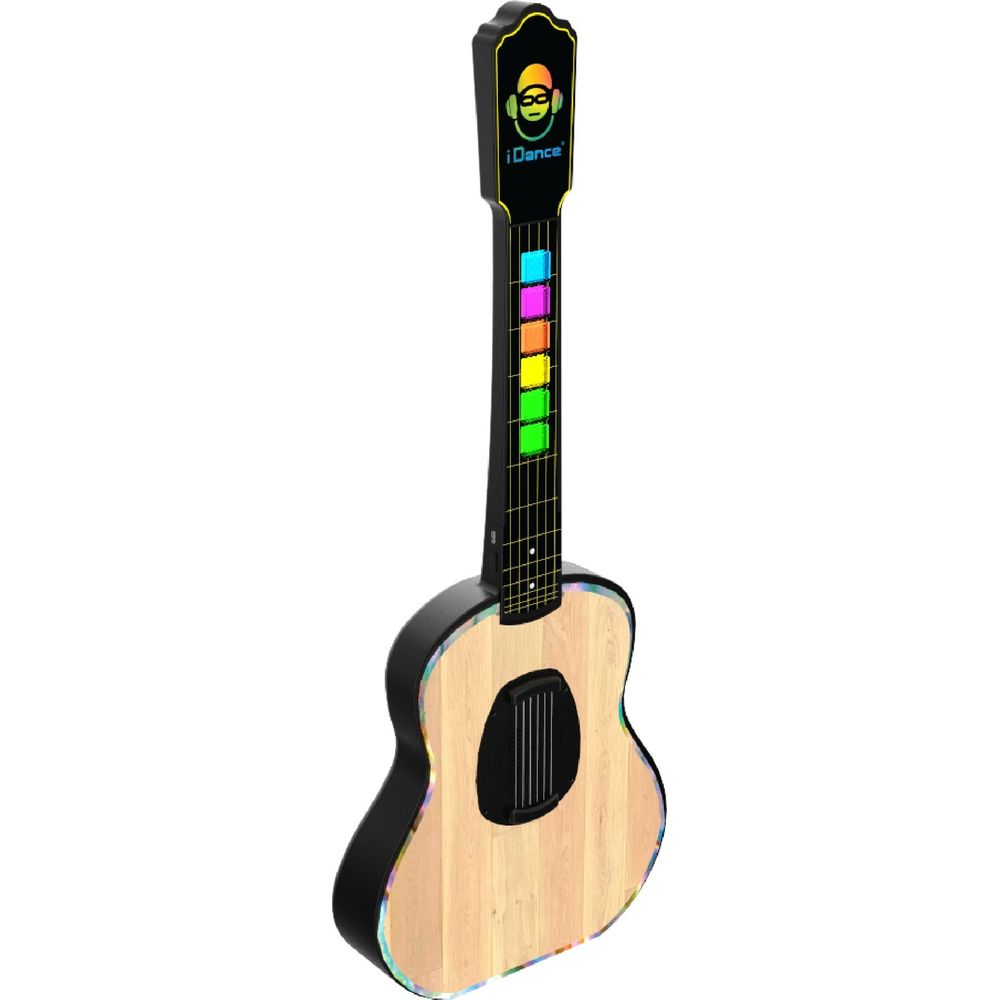 Une guitare jouet noire avec un avant en bois clair, des boutons de frettes colorés et un logo iDance sur fond blanc.