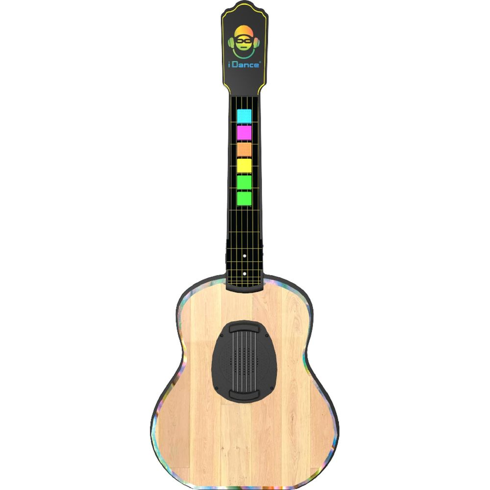 Une guitare jouet colorée avec finition bois, frettes colorées et logo "i Dance" sur la tête, sur fond blanc.