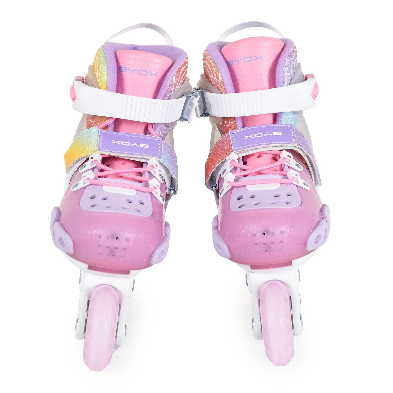 Ein Paar rosa, lila und weiße Inliner mit Regenbogen-Akzenten und einzelnen Vorderrädern nach vorne gerichtet.