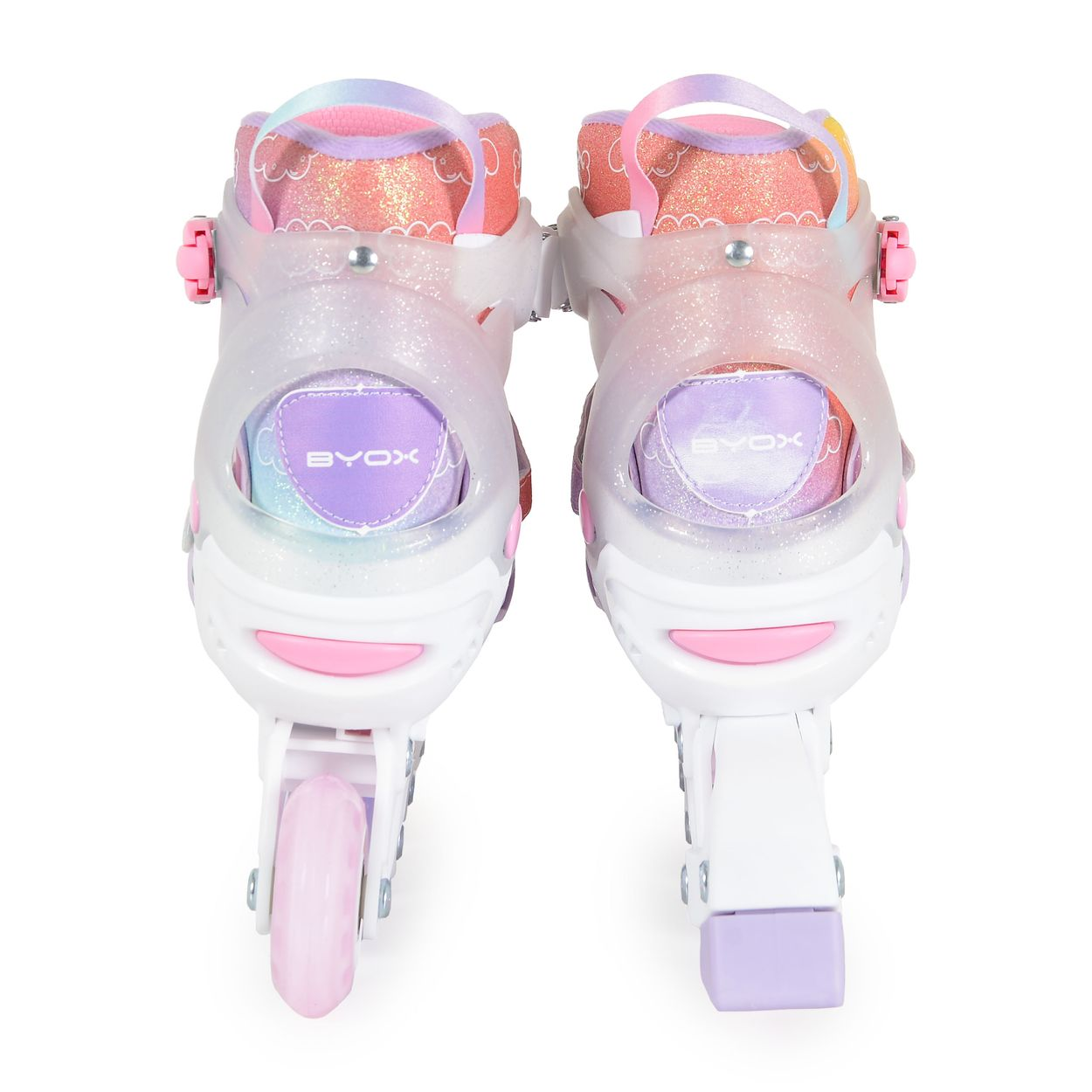 Pastellfarbene Inlineskates mit Glitzer, weißer Schale und Byox-Logo, von hinten auf weißem Grund.