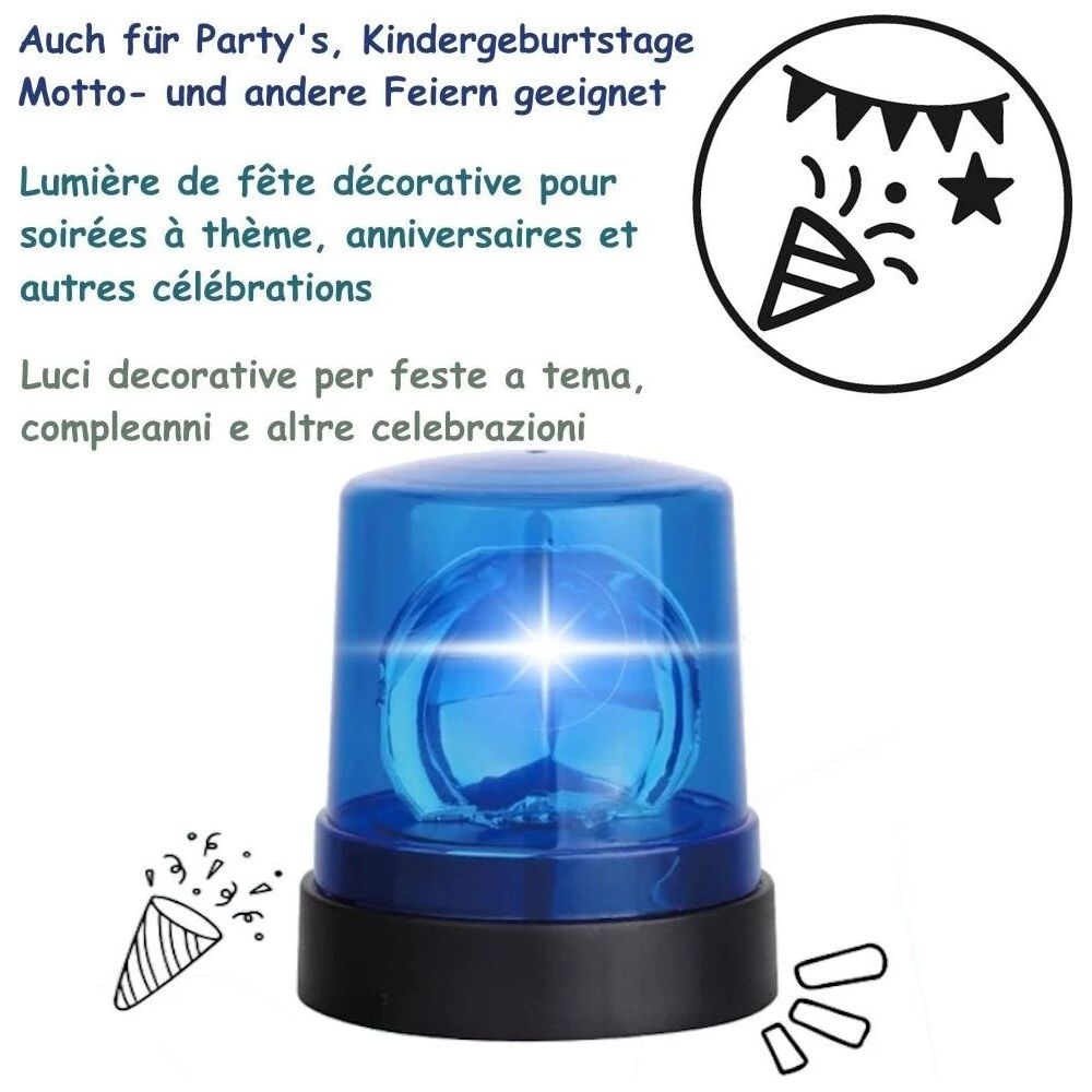 Blaue Party-Blinkleuchte auf schwarzem Sockel mit mehrsprachigem Text.