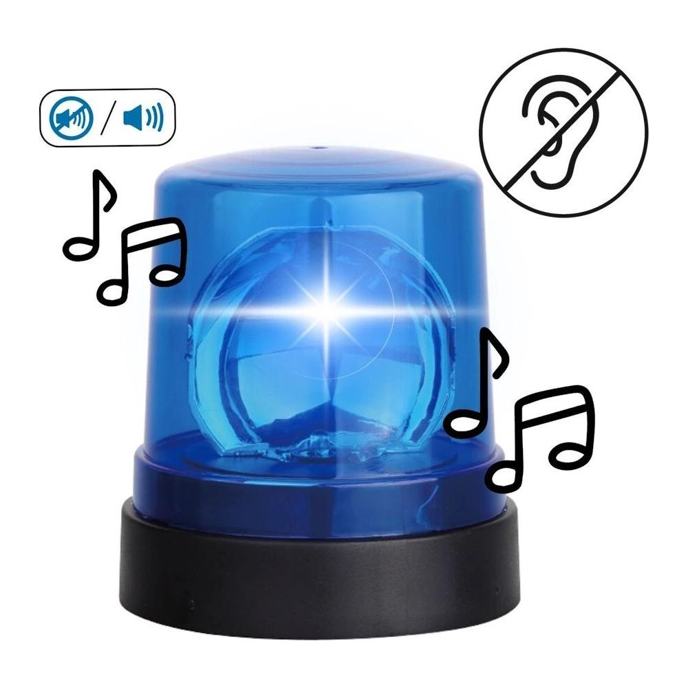 Blaue Blinkwarnleuchte mit Musiknoten und Symbolen für leise und taub.