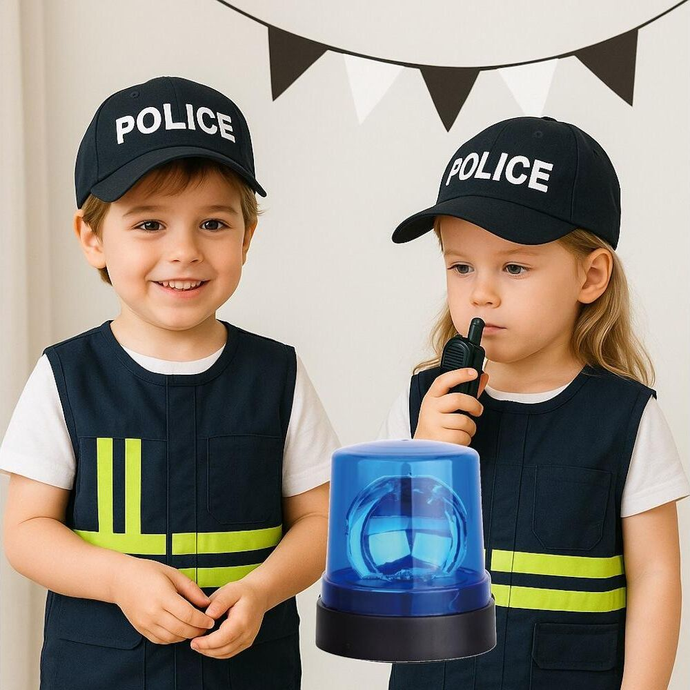 Zwei Kinder in Polizeiuniform und Mützen lächeln; eines spricht in ein Walkie-Talkie, daneben steht ein blaues Blinklicht.